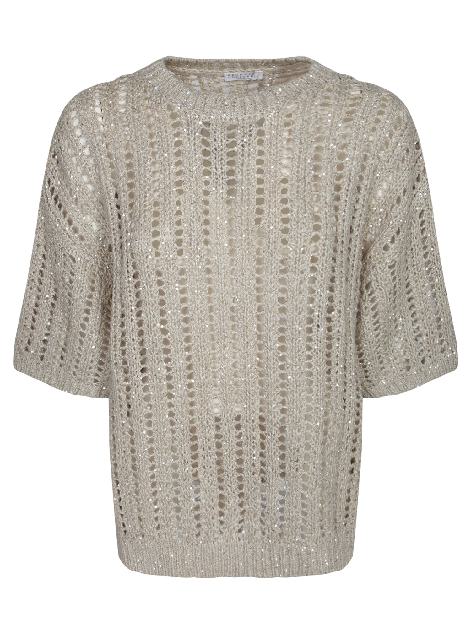 Brunello Cucinelli Open Knit Sweater With Sequined Stripes In Gray
