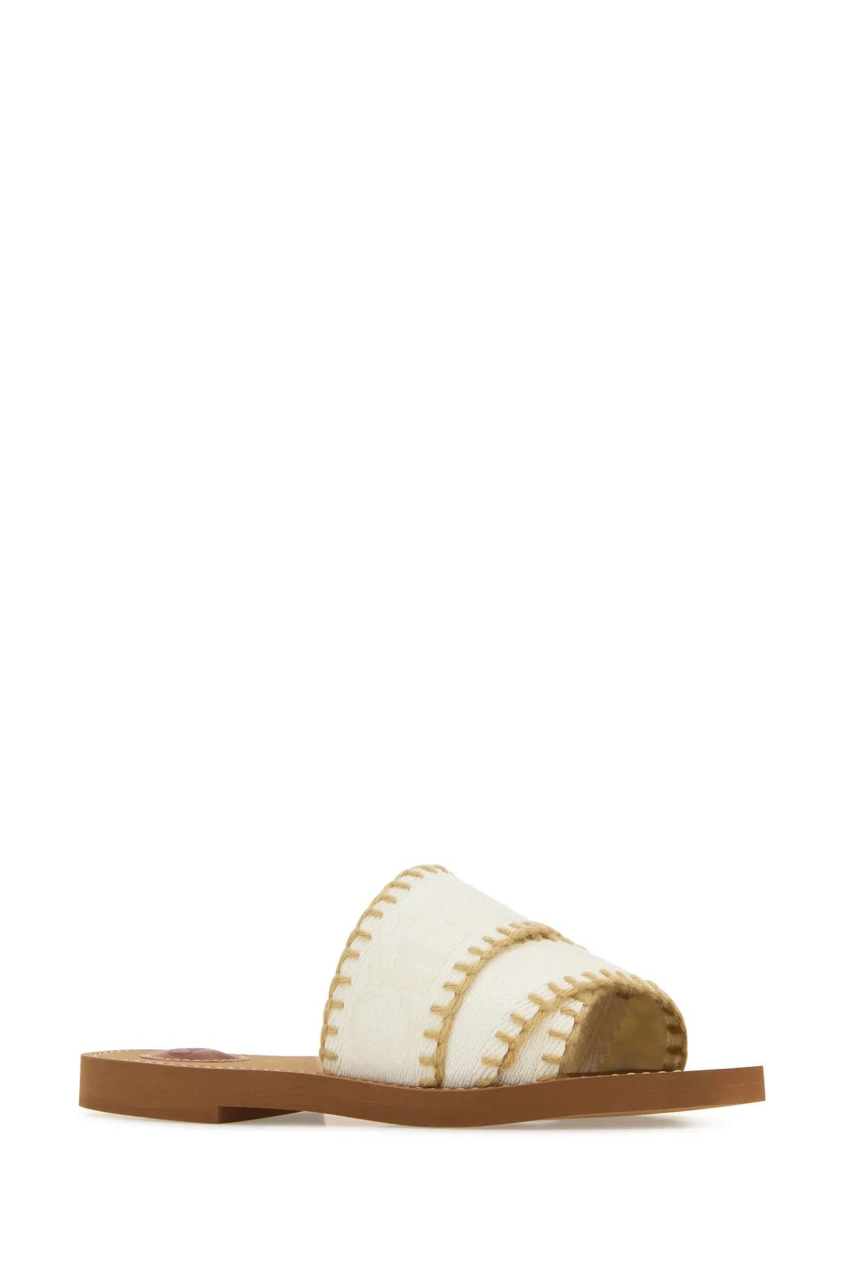 Shop Chloé Ivory Canvas Woody Slippers In Vanilla Ice