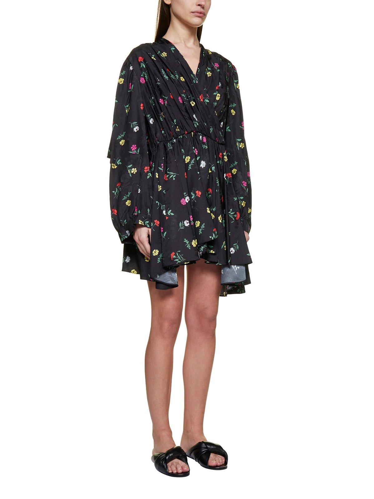 Shop Balenciaga V-neck Floral-printed Mini Doll Dress In Black