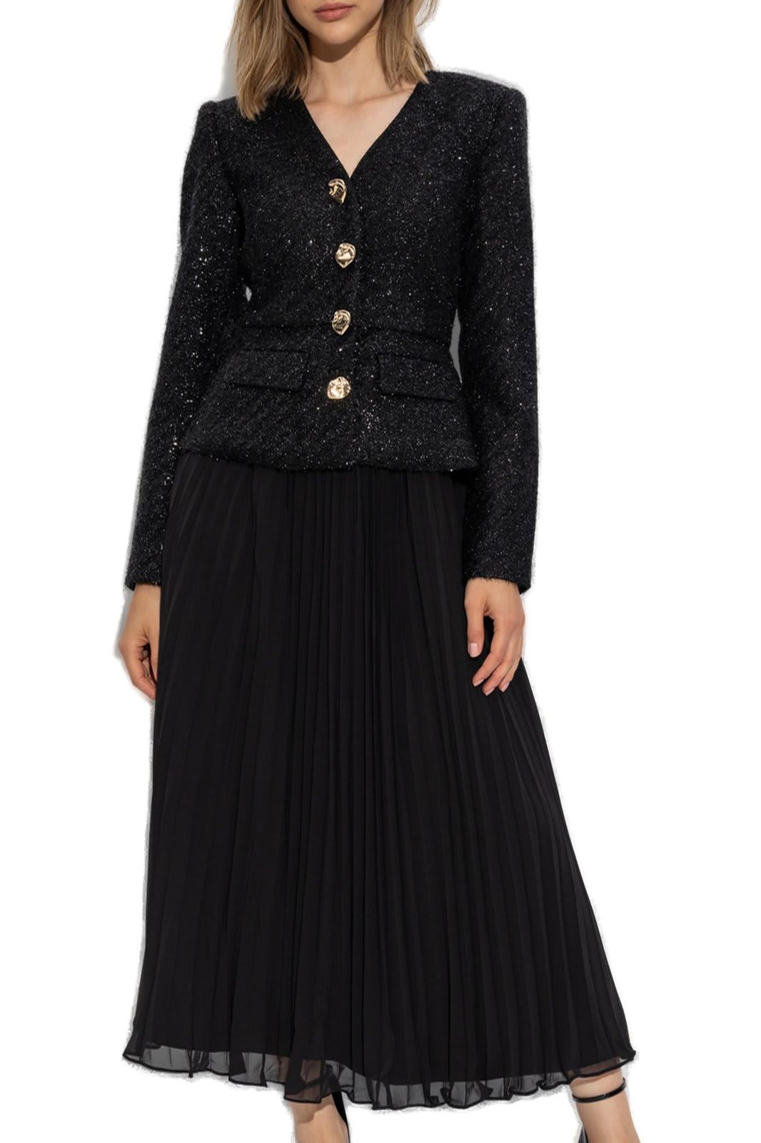 Shop Self-portrait Tinsel Boucle Chiffon Midi Dress In Black