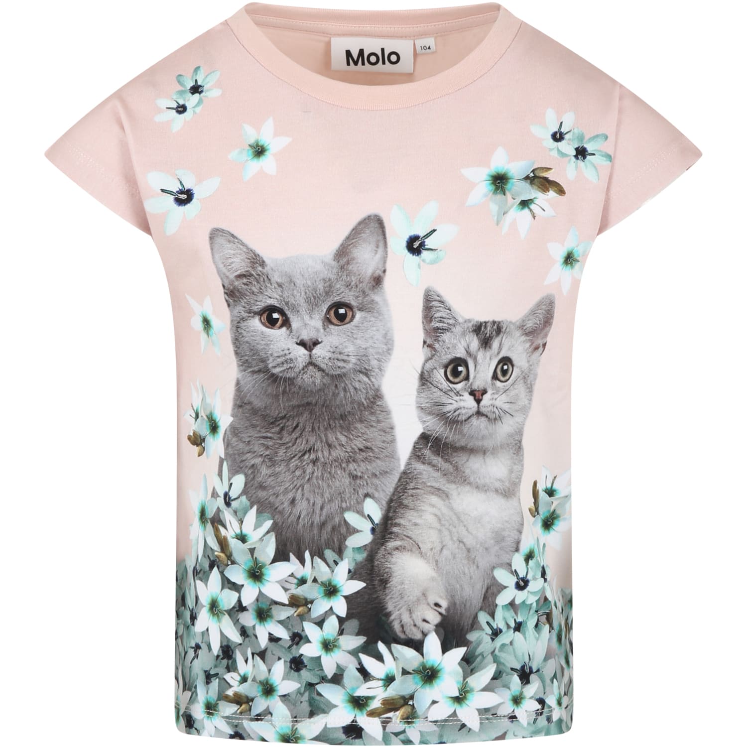 MOLO PINK T-SHIRT FOR GIRL WITH CATS AND FLOWERS