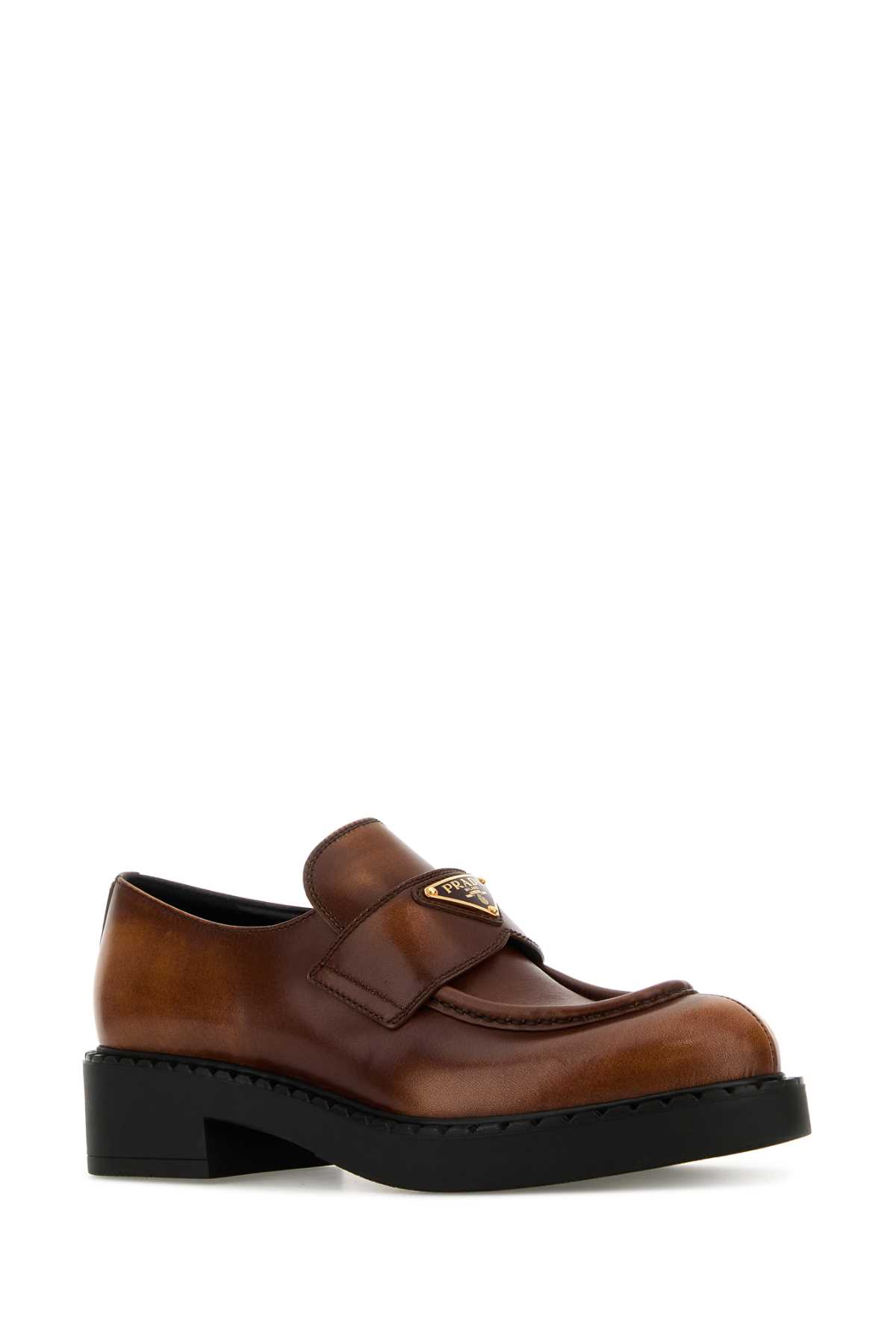 Shop Prada Caramel Leather Loafers In Cognac