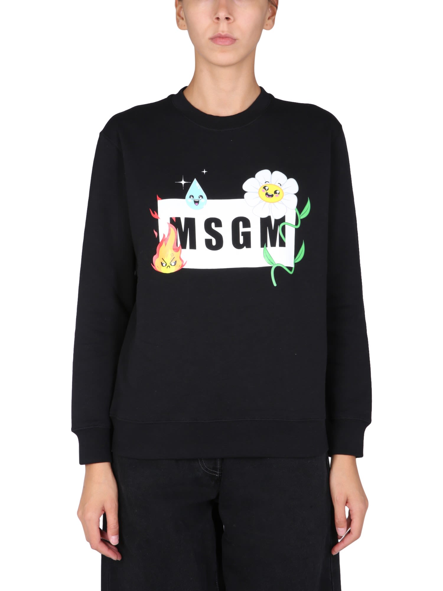 MSGM Sweatshirt With emoji Logo Box And Flower Print