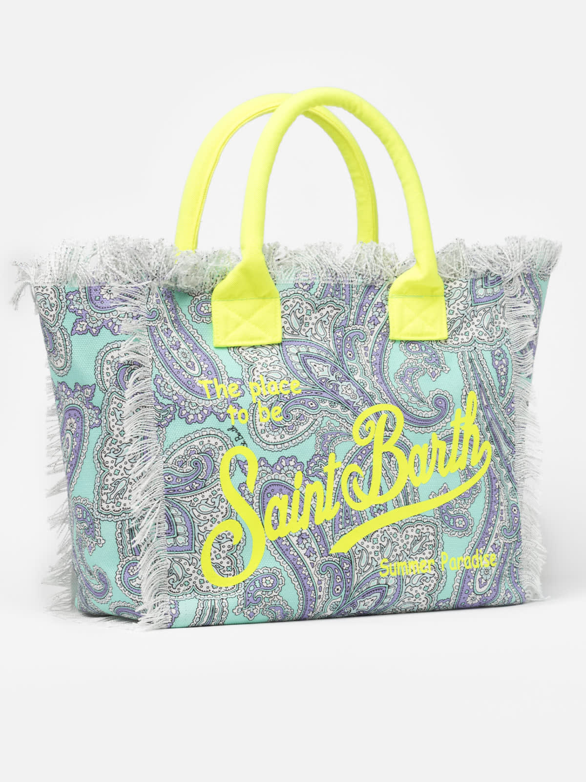 Mc2 Saint Barth Cotton Canvas Tote Bag With Paisley Print In Green