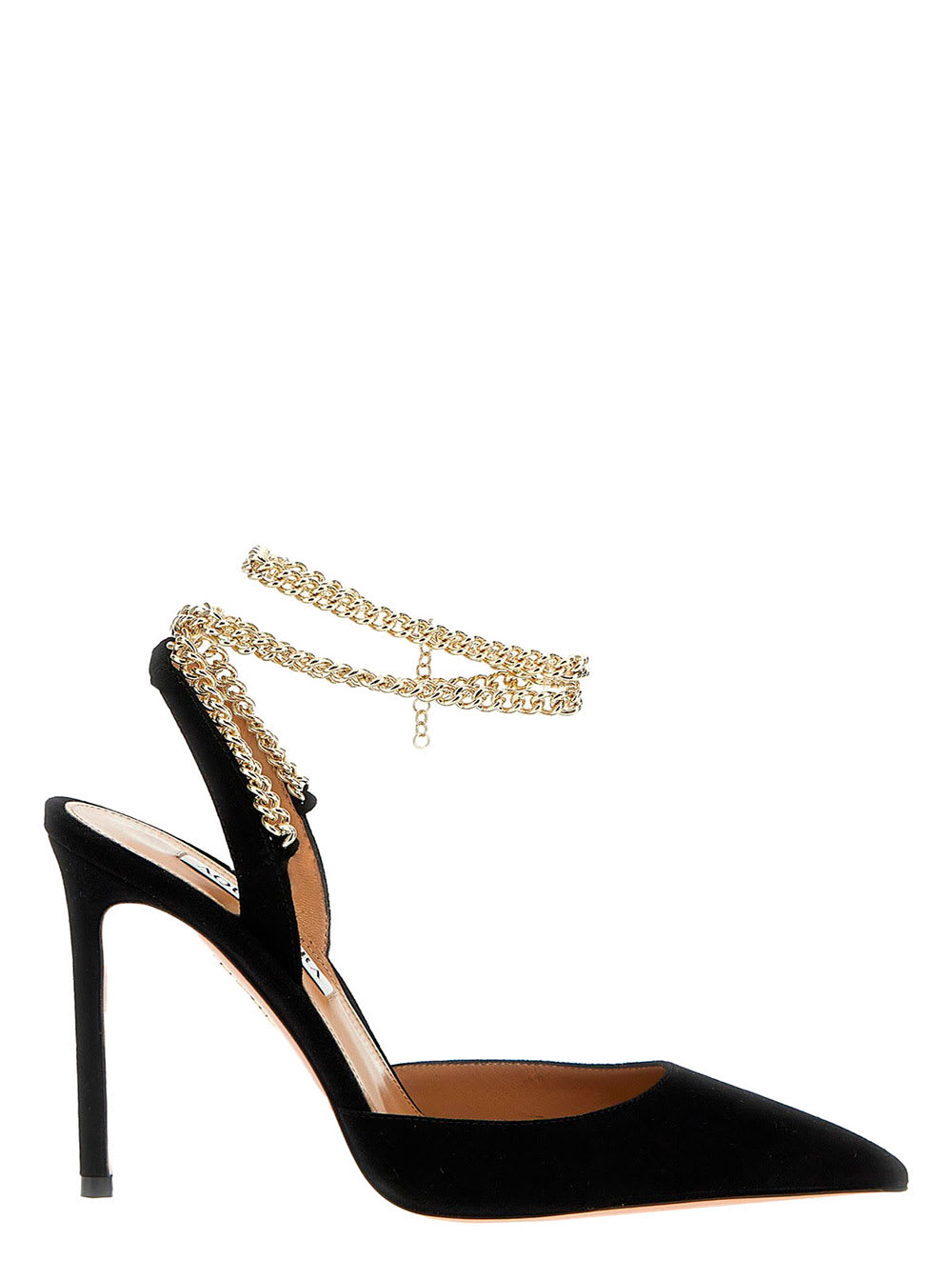 Black Slingback Pumps With Chain Ankle Strap In Leather Woman