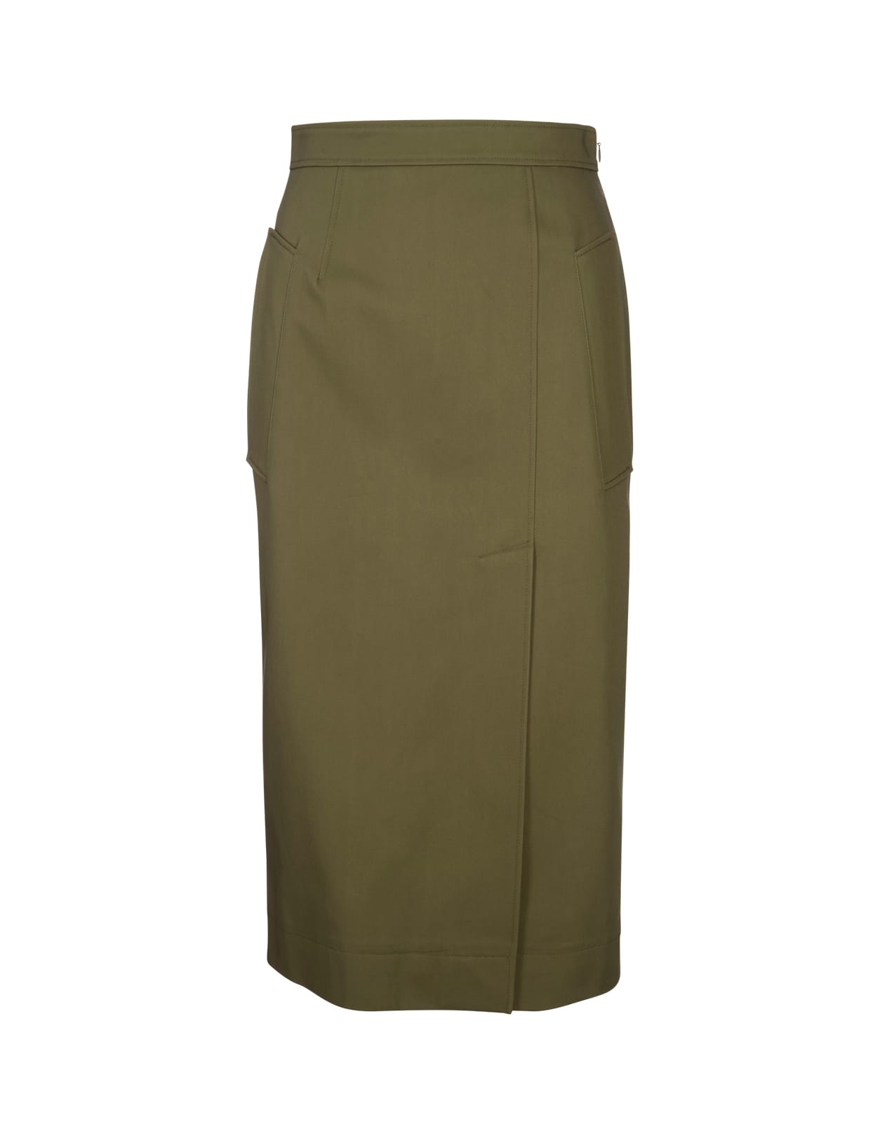 Olive Green Gabardine Midi Skirt