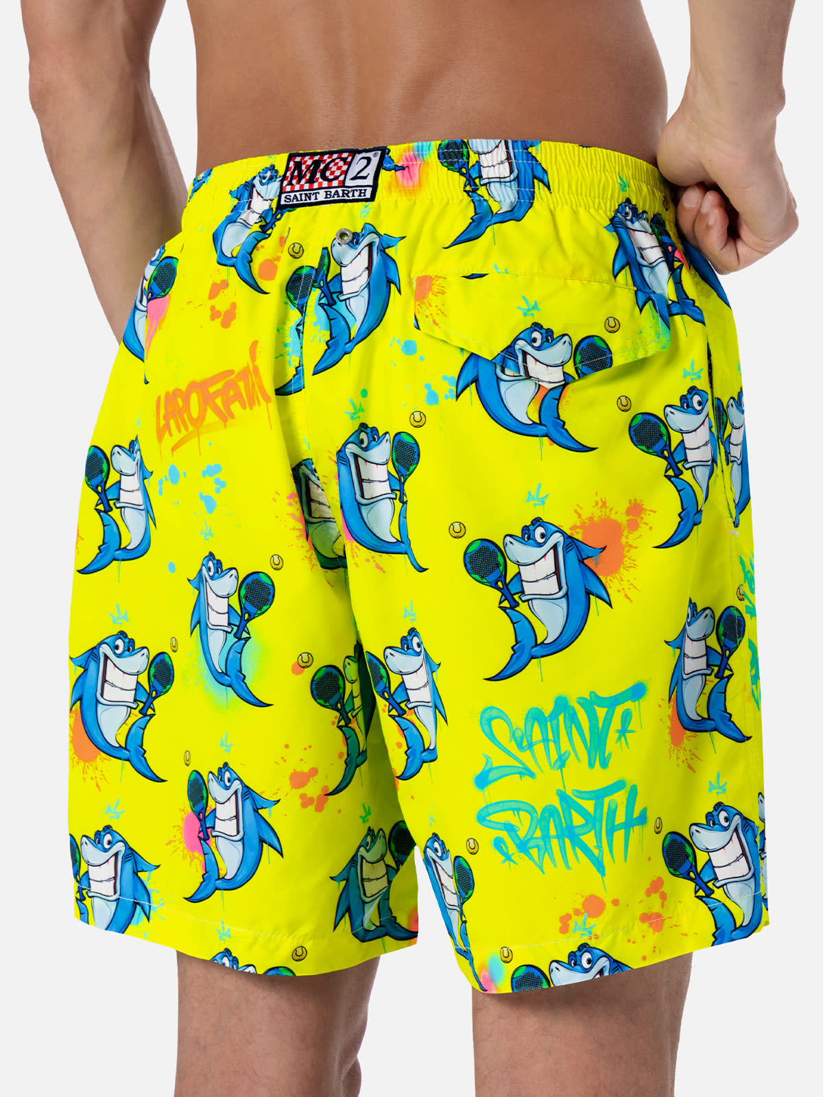 Mc2 Saint Barth Man Lightweight Fabric Swim-shorts Lighting With Cryptopuppets Print Cryptopuppets Special Edition In Fluo