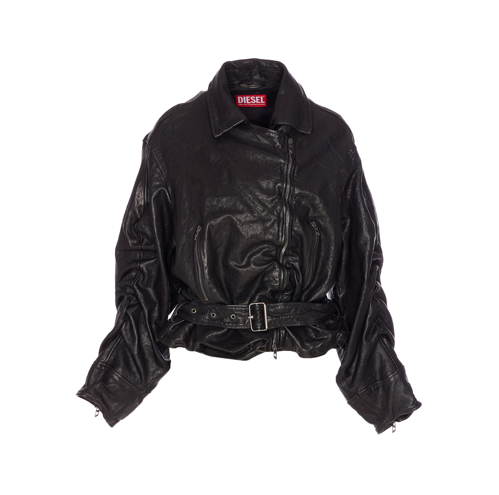Diesel Asymmetric-zip Belted Leather Jacket In Black
