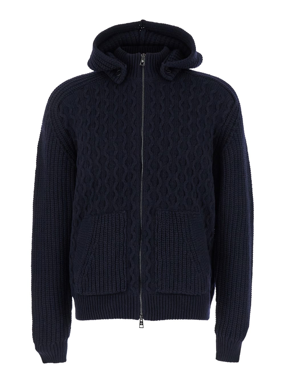 Blue Zip-up Cardigan With Detachable Hood In Cable Knit Wool Man