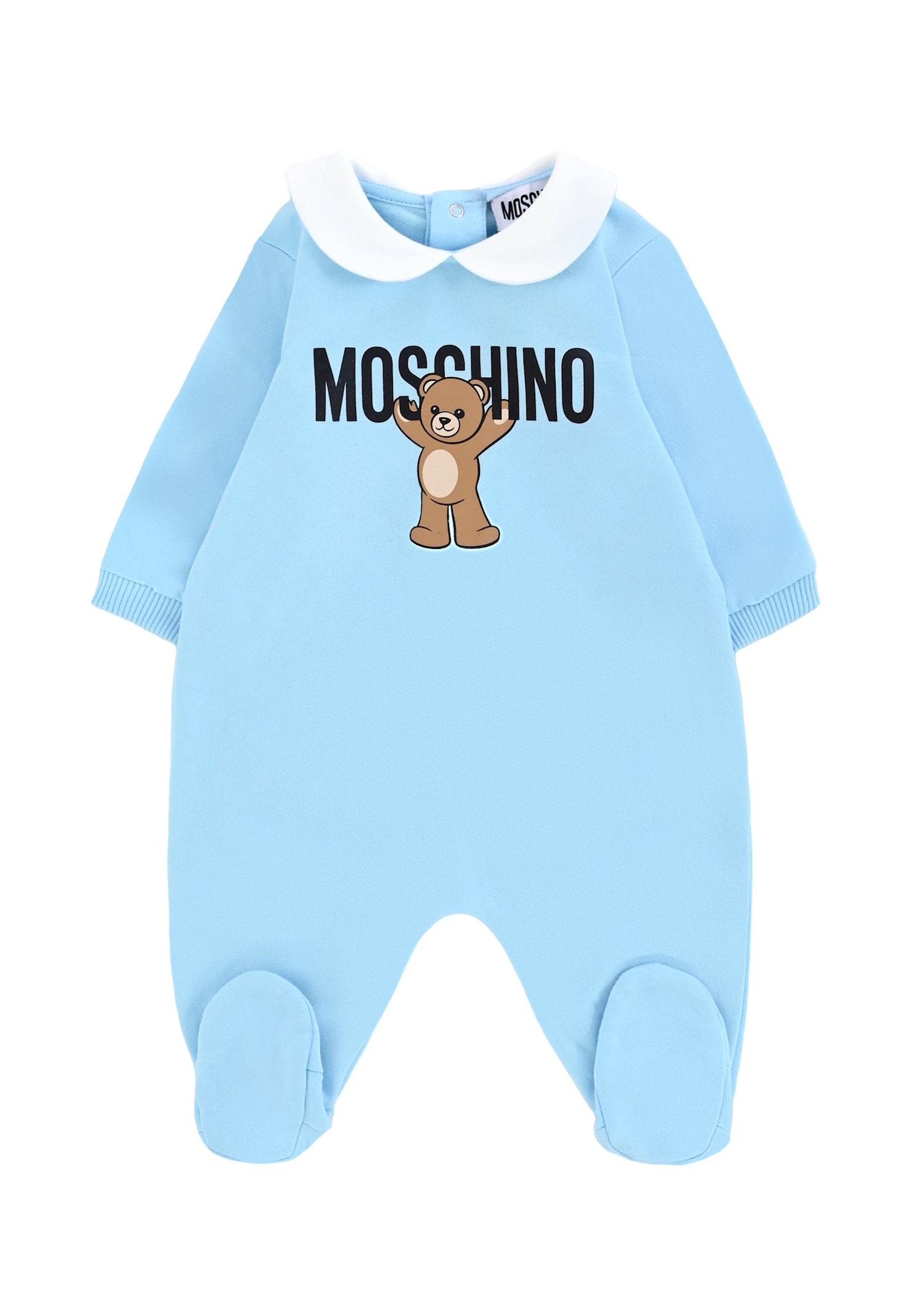Moschino Light Blue Babygrow For Baby Boy With Teddy Bear In Blue