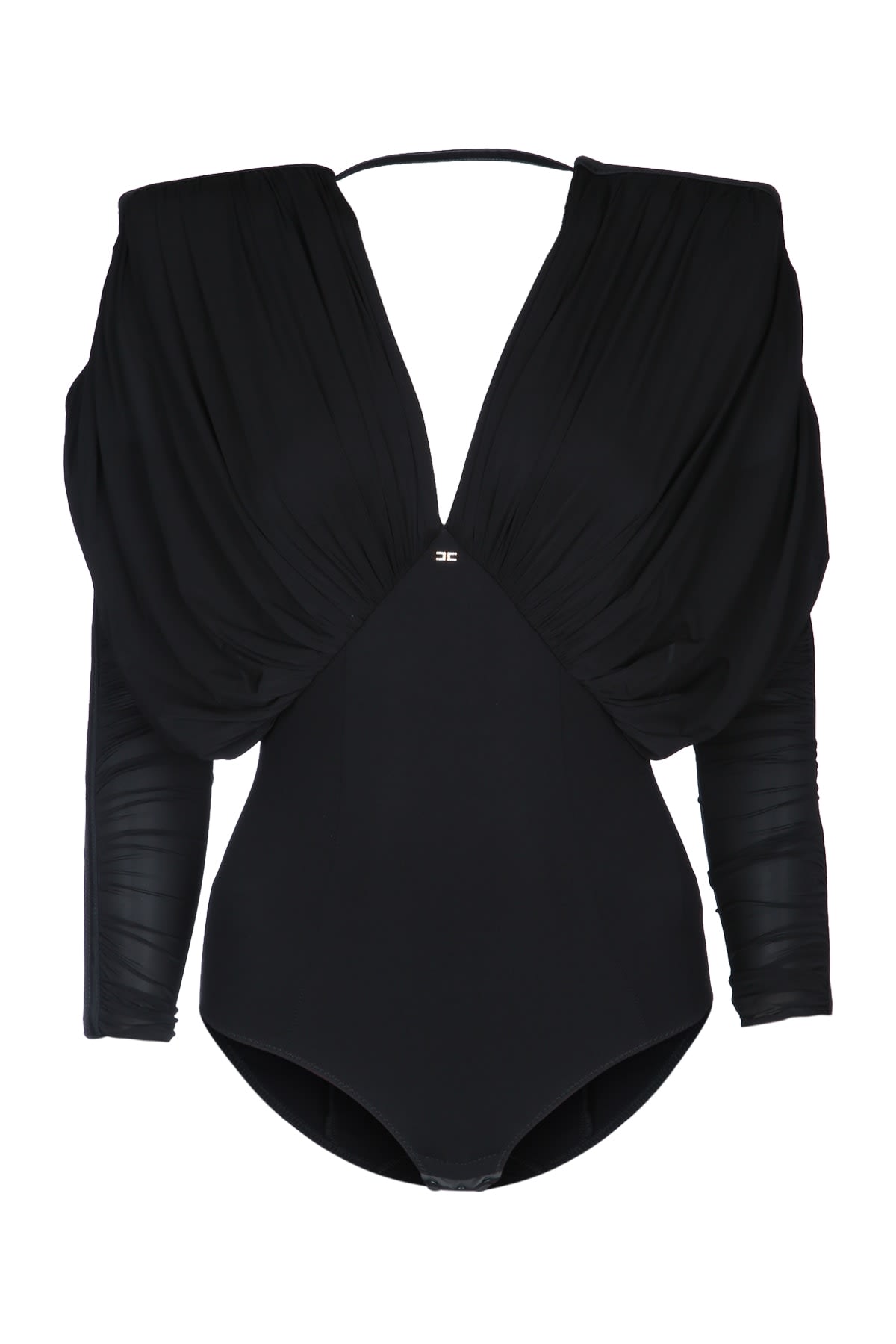 Elisabetta Franchi Draped V Neck Sheer Fabric Top In Black