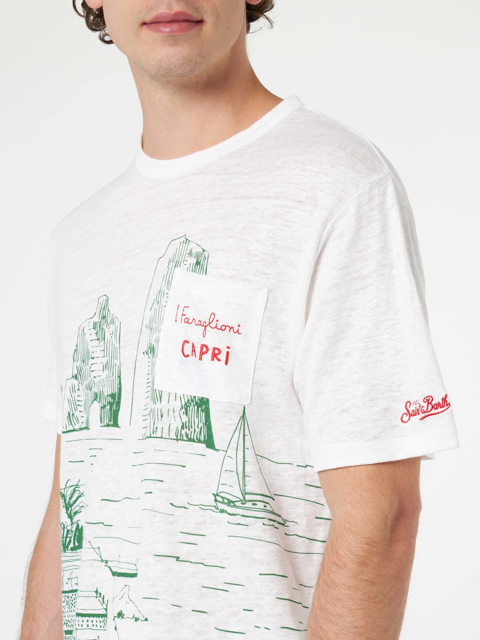 Shop Mc2 Saint Barth Man Linen Jersey T-shirt Ecstasea With Capri Placed Print And Embroidered Pocket In White