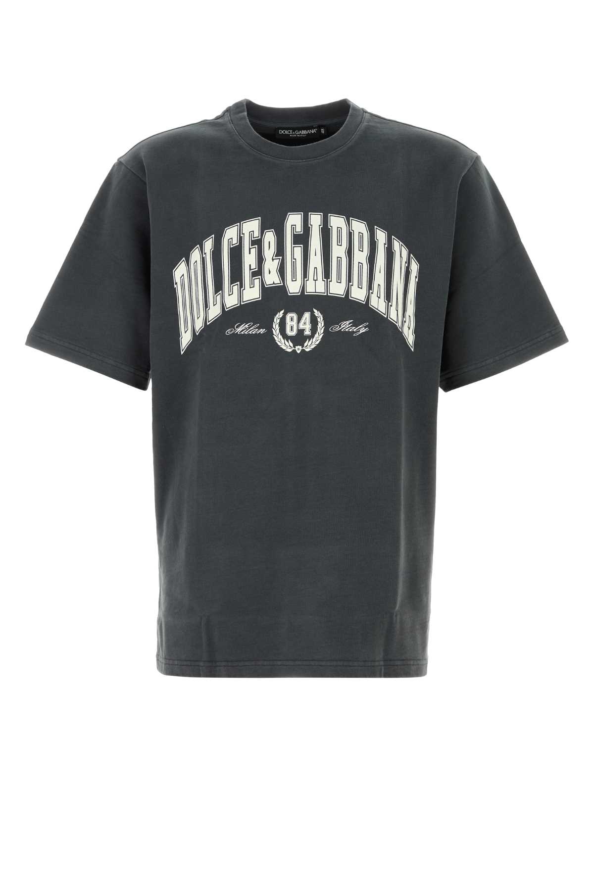 Dolce & Gabbana Men Dark Grey Crewneck T-shirt With Logo Lettering Print On The Front In Cotton Man In Gray