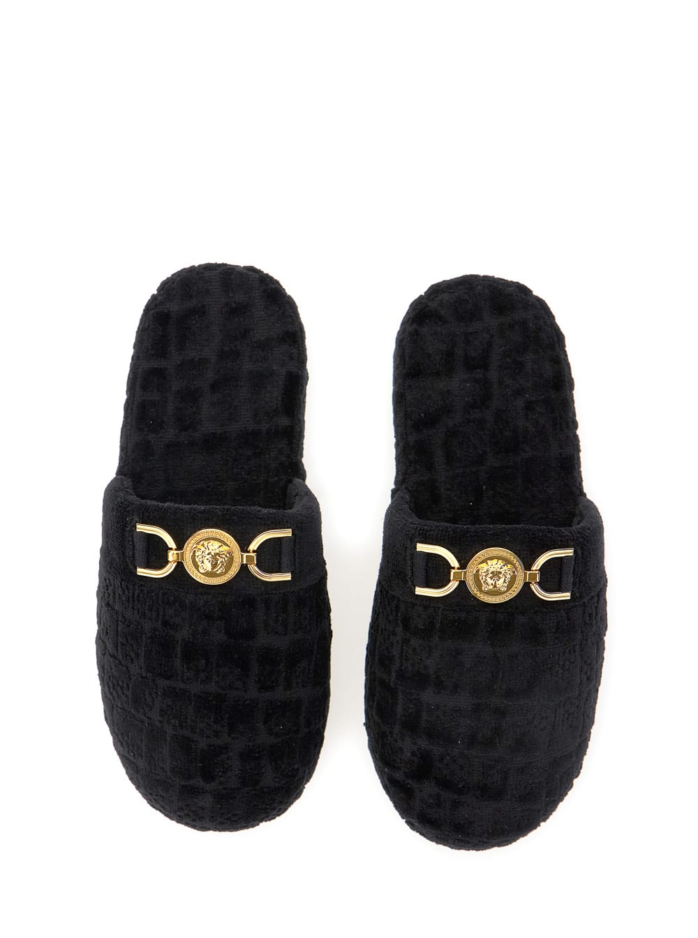 Versace Black Slippers With Logo Plaque In Fabric Man In Black