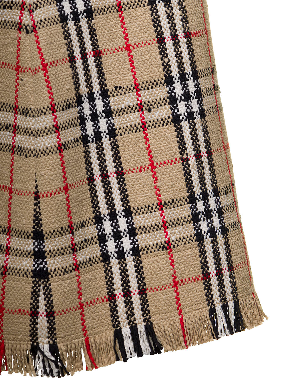 Shop Burberry Catia Beige Mini Skirt With Fringed Hem And All-over Vintage Check Motif In Cotton Blend Woman