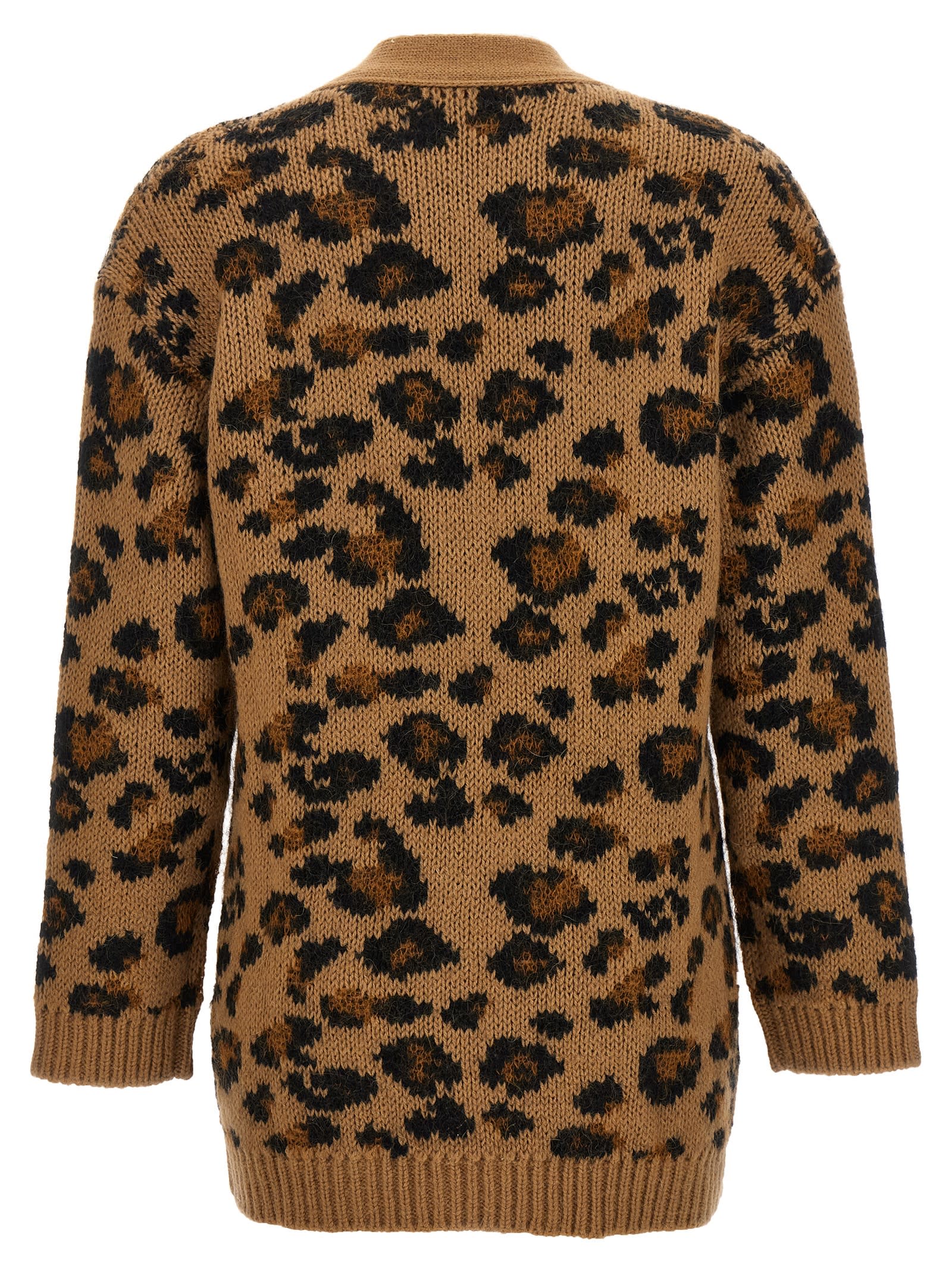 Valentino V-neck Animalier Cardigan Front Pockets In Beige
