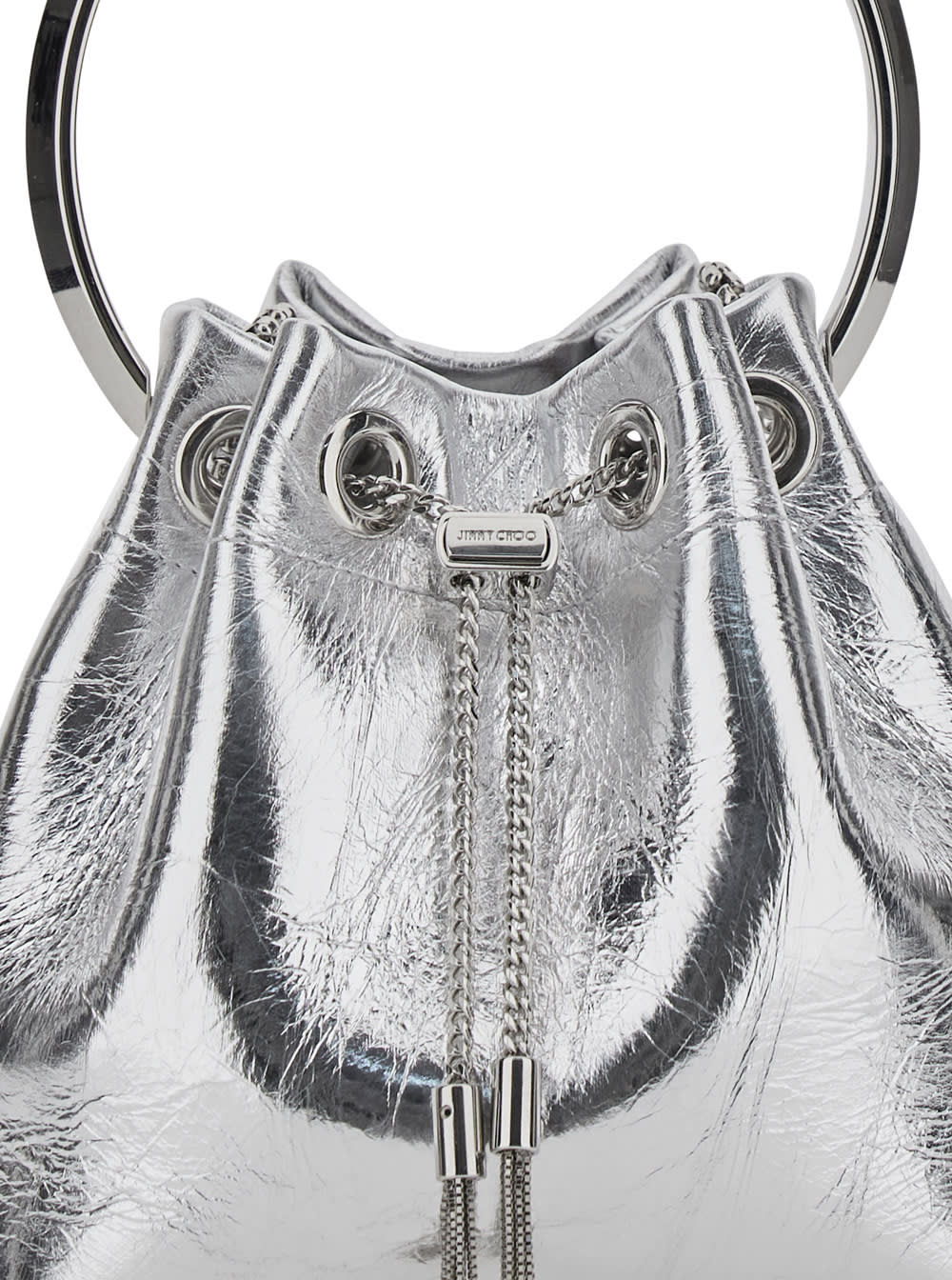 Jimmy Choo Bon Bon Metallic Handbag With Metal Bracelet Handle And Chain-link Shoulder Strap In Leather Woman In Silver