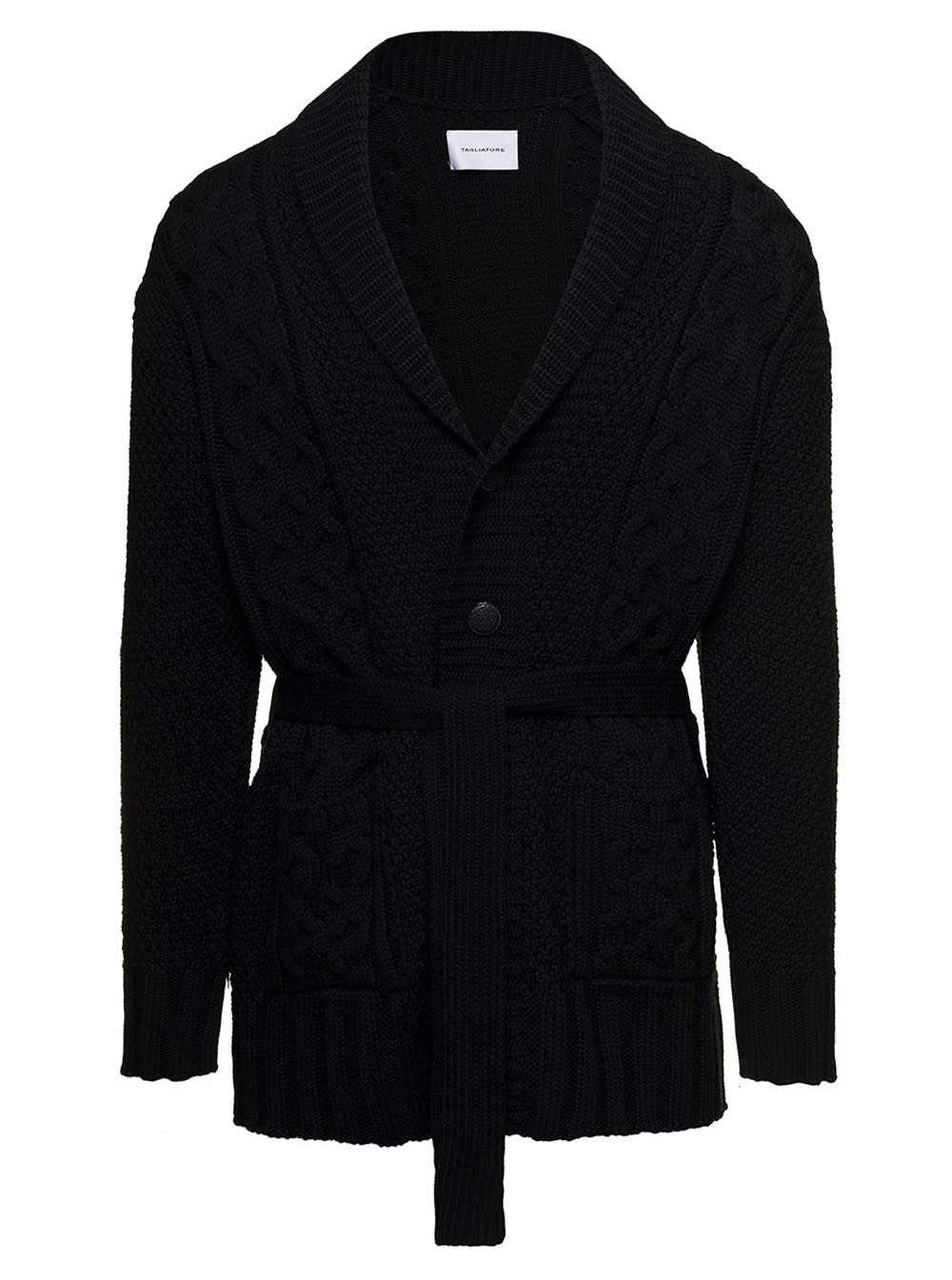 Black Belted Cable Knit Cardigan In Wool Man Tagliatore