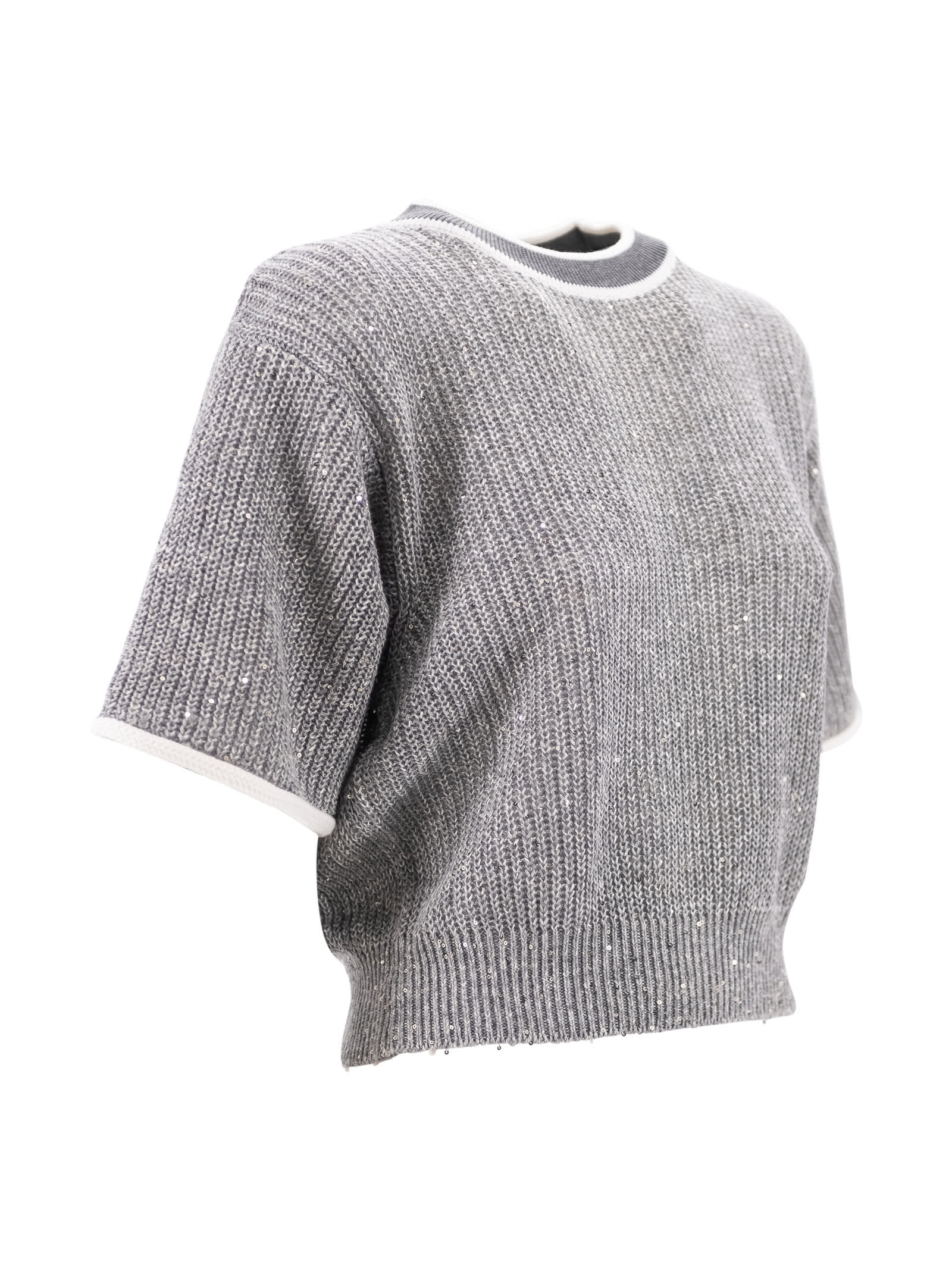 Shop Brunello Cucinelli Contrasting-border Knitted Top In Grey