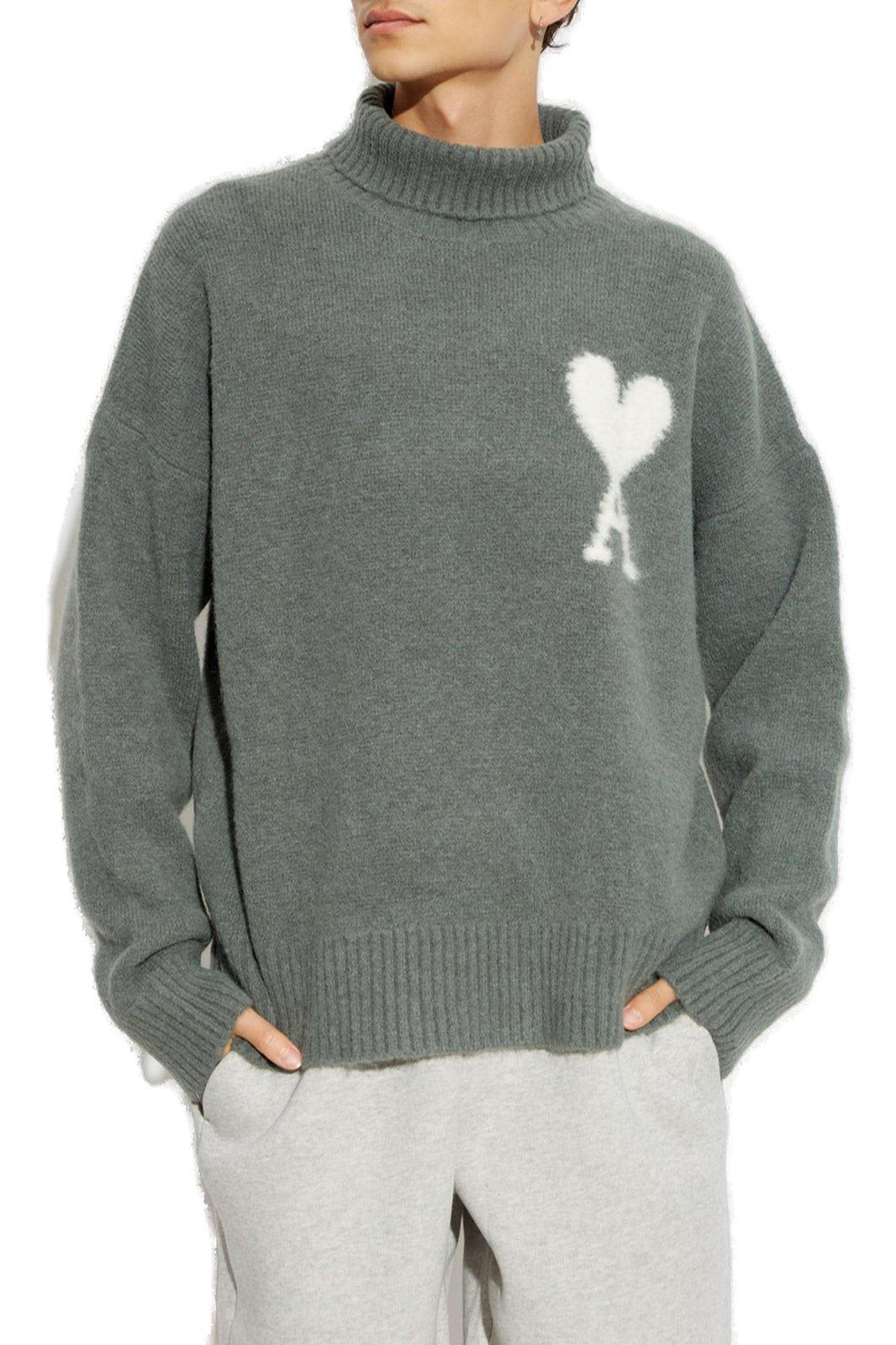 Shop Ami Alexandre Mattiussi Paris De Coeur High Neck Knitted Jumper In Green