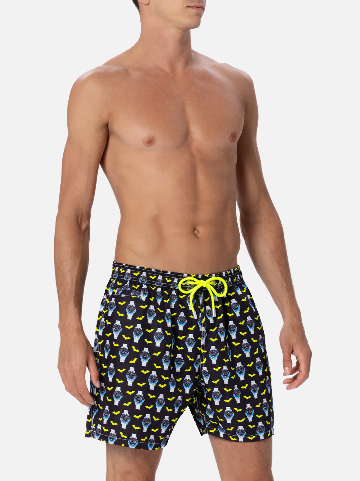 MC2 SAINT BARTH MAN LIGHTWEIGHT FABRIC SWIM-SHORTS LIGHTING MICRO FANTASY WITH WATCHES PRINT