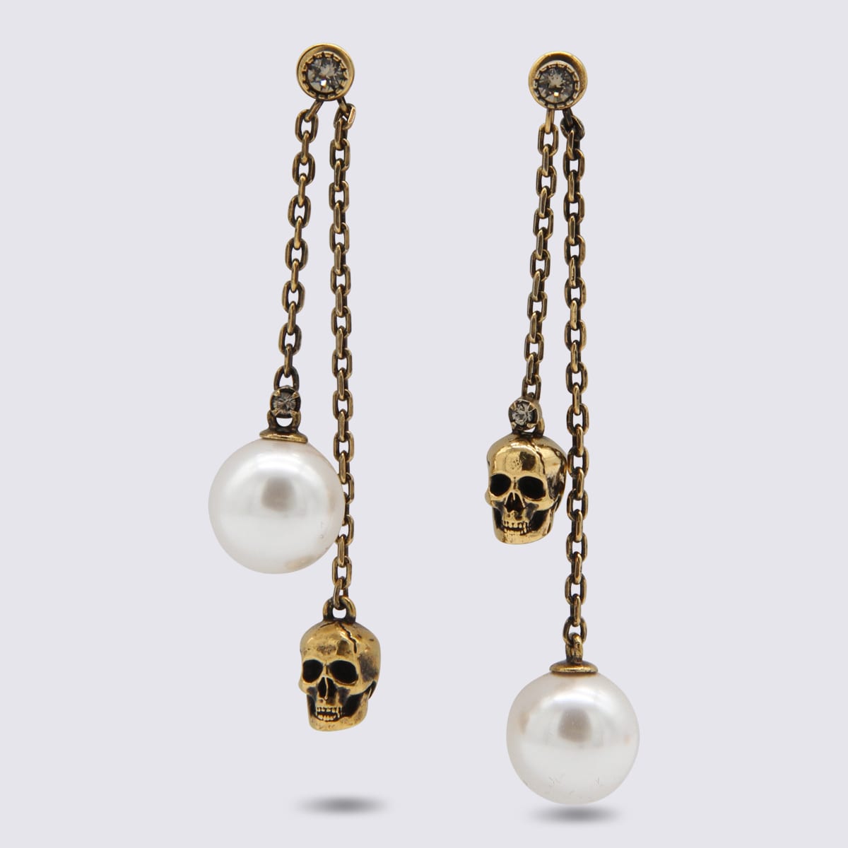 Shop Alexander Mcqueen Antique Gold Metal And Pearl Skull Chain Earrings In Mix