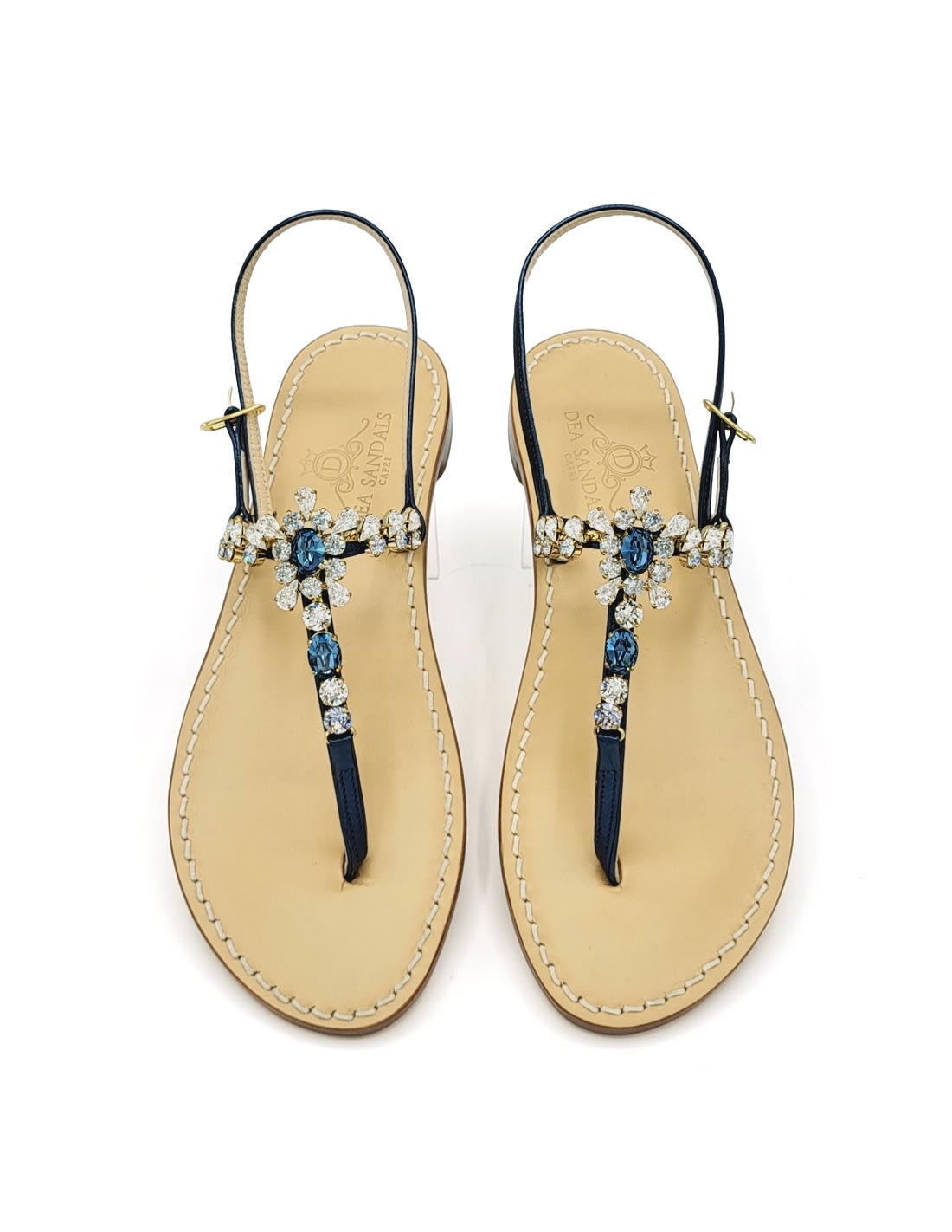 Dea Sandals Royal Blue Navy Jewel Sandals In Navy Blue Laminated, Navy Blue, Crystal