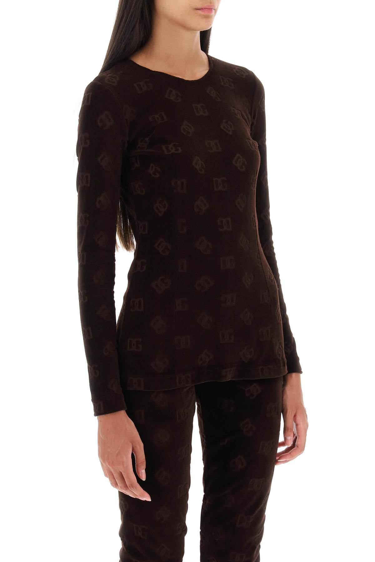 Shop Dolce & Gabbana Long-sleeved Top In Monogram Chenille In Marrone Scuro 3 (brown)