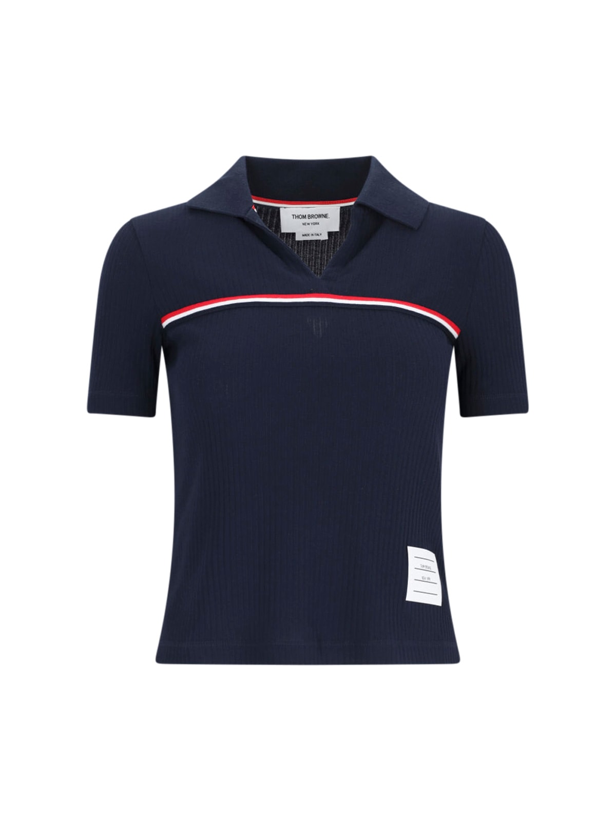 Shop Thom Browne Three Stripes Knit Polo Shirt In Blue