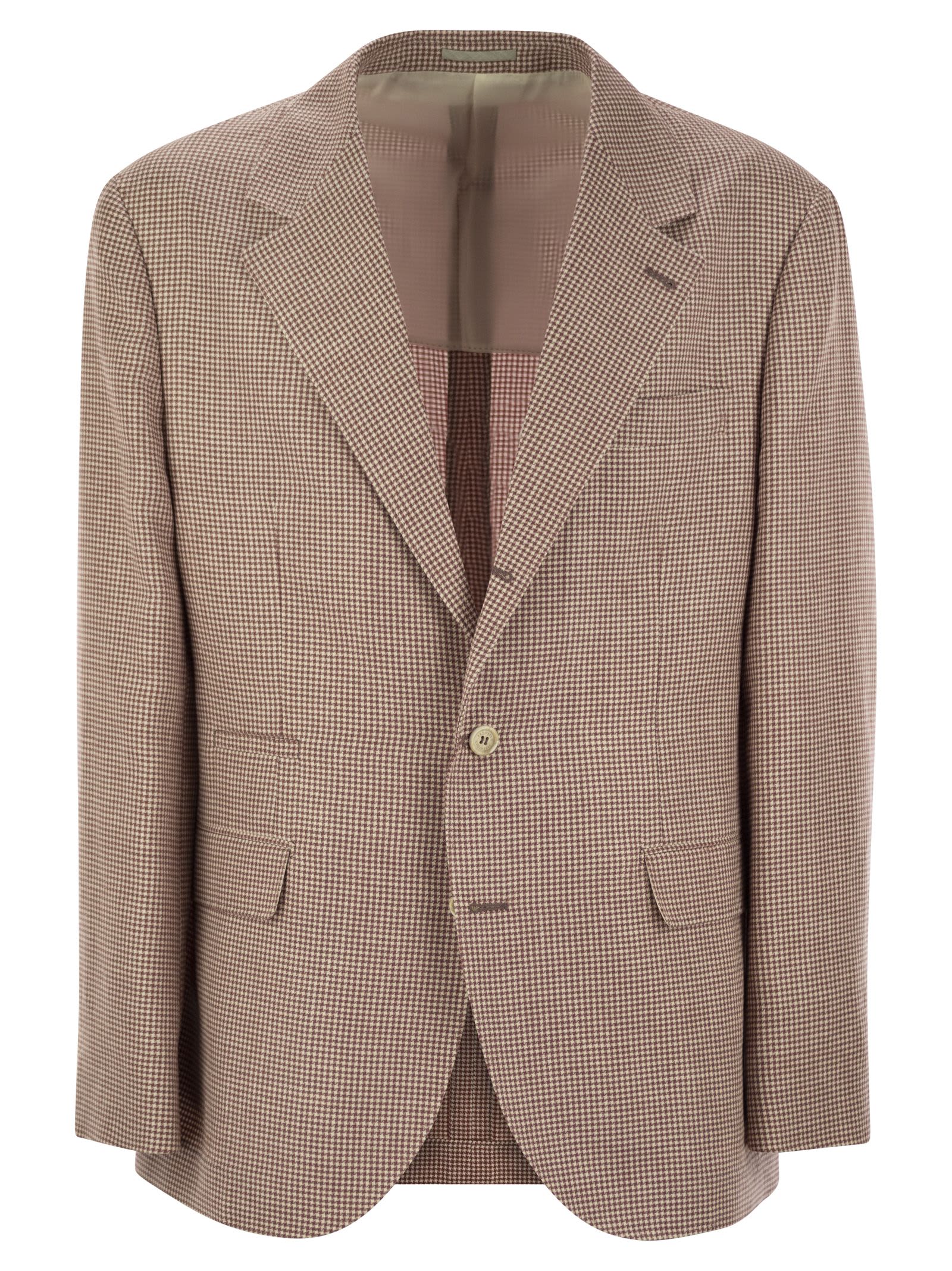 Brunello Cucinelli Houndstooth Wool, Linen And Silk Deconstructed Jacket In Red