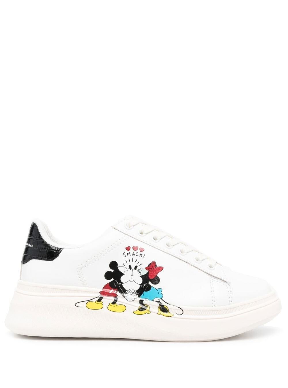 M.O.A. master of arts Moa Womans White Leather Sneakers With Mickey Mouse Kiss Print