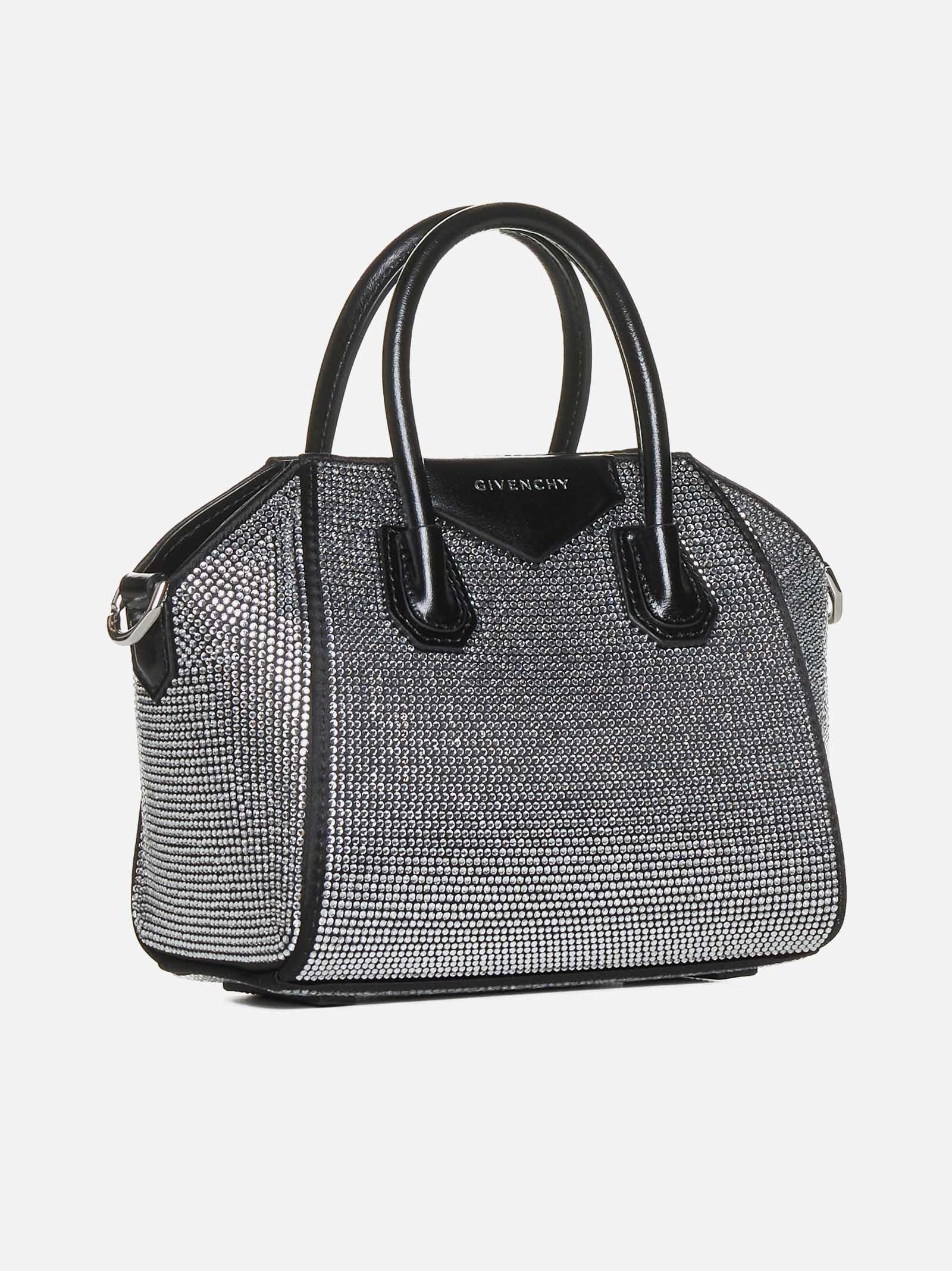 Shop Givenchy Antigona Toy Rhinestoned Satin Bag In Black