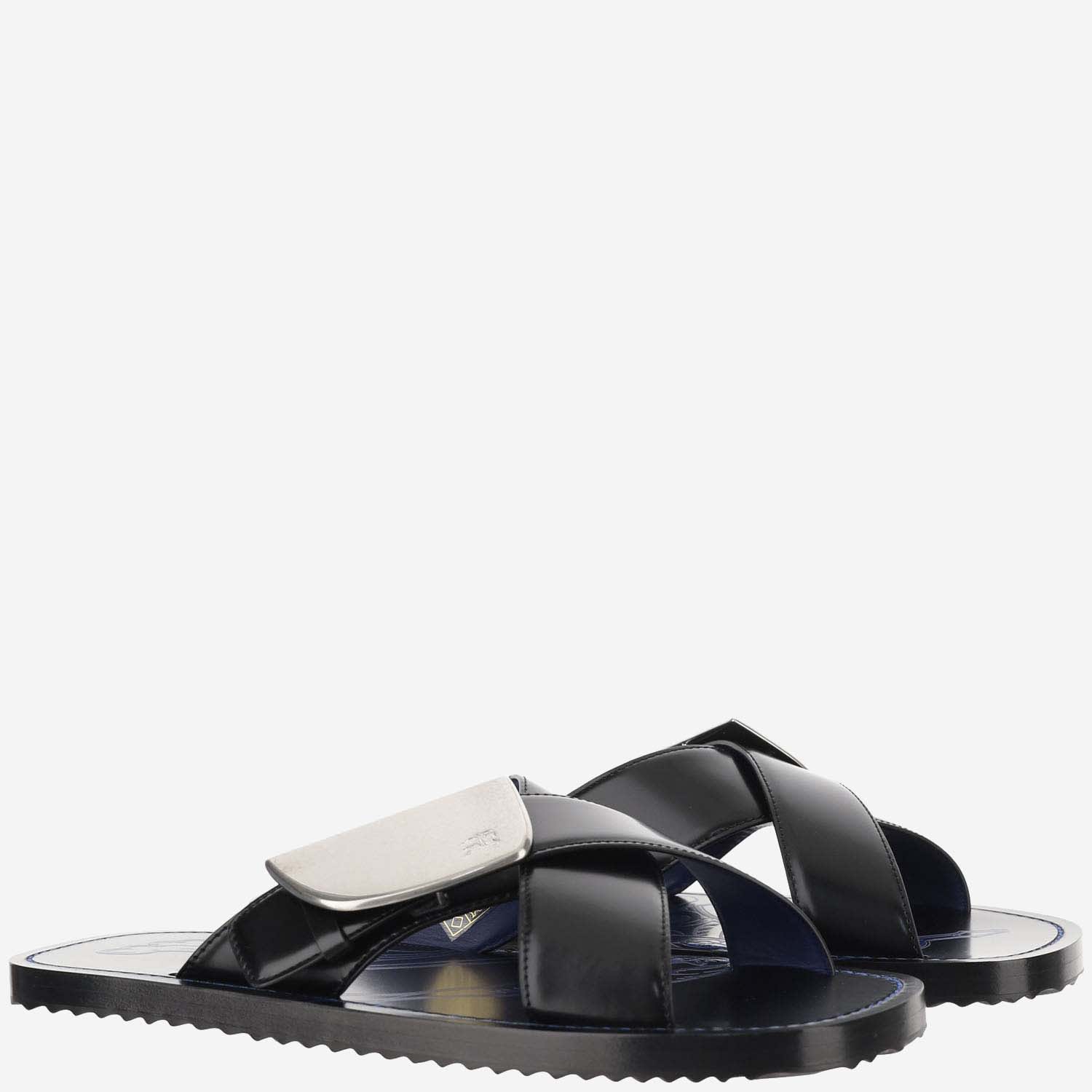 Shop Burberry Strip Shield Leather Slippers