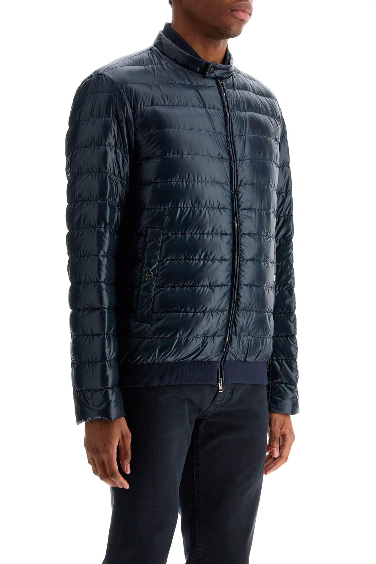 Dark Blue Lightweight Quilted Nylon Down Jacket With High Collar