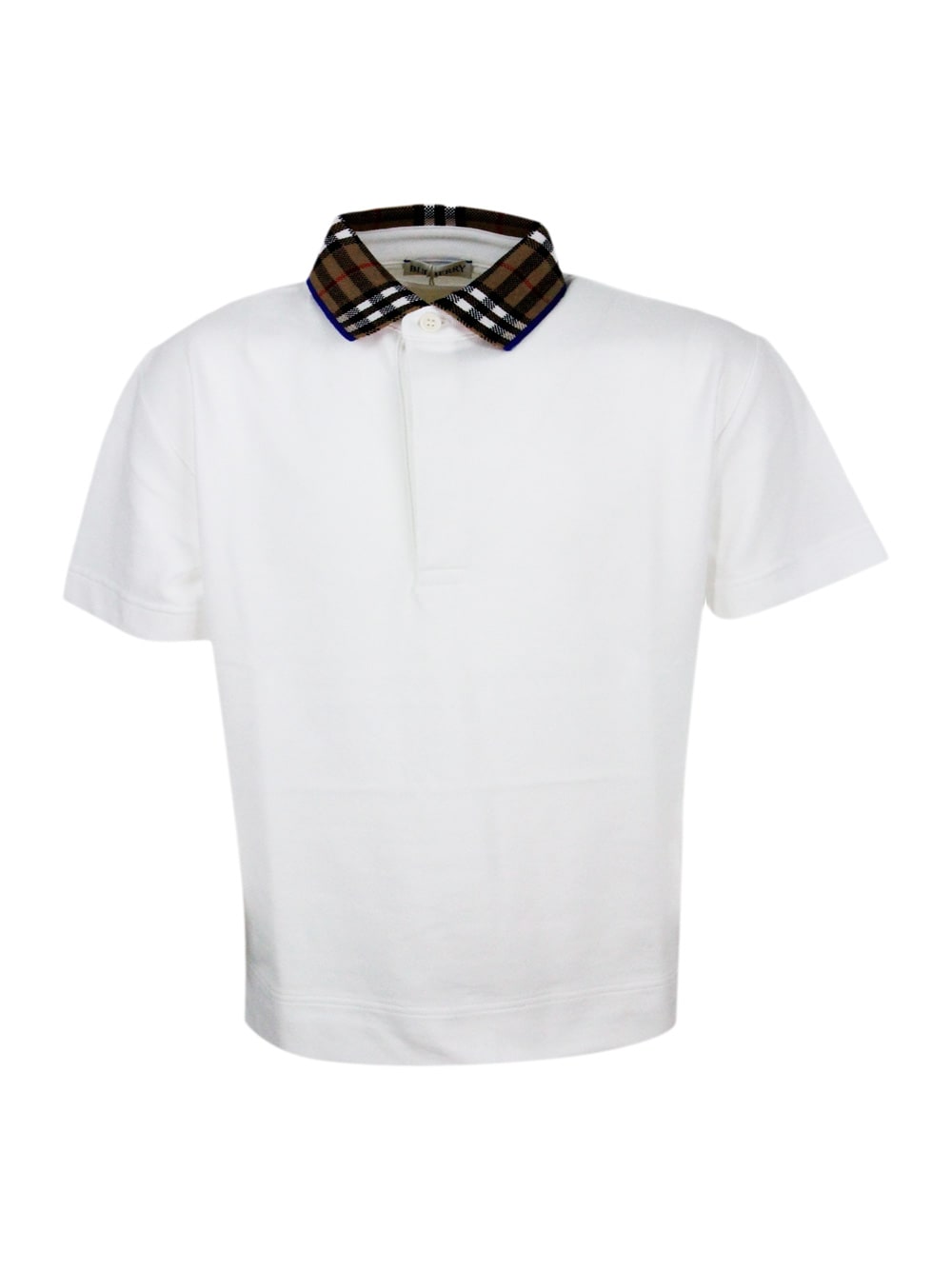 Burberry Kids' Piqué Cotton Polo Shirt With Check Collar And Button Closure In White