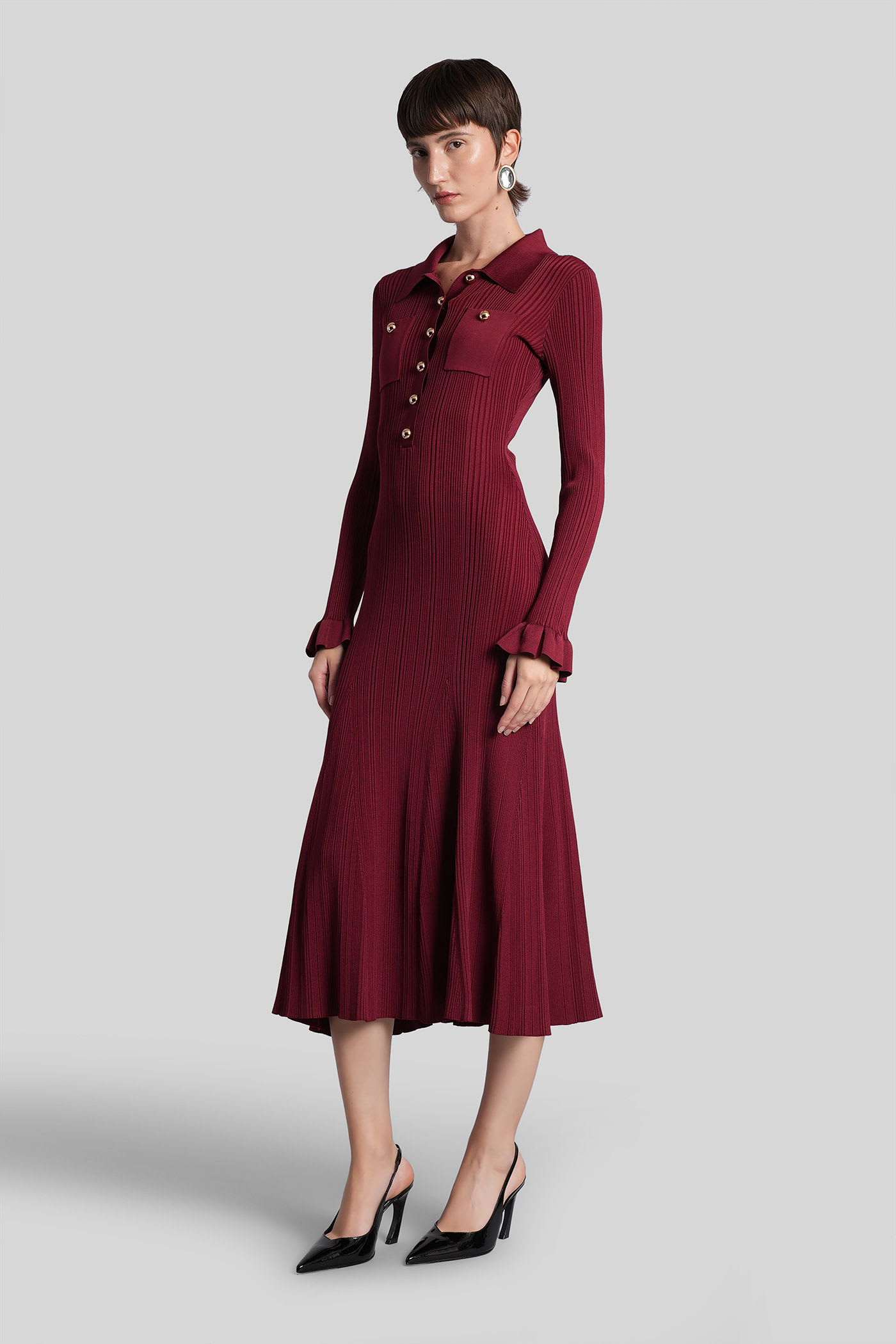 Self-portrait Knee Length Dress With Flared Cuffs And Pockets In Burgundy