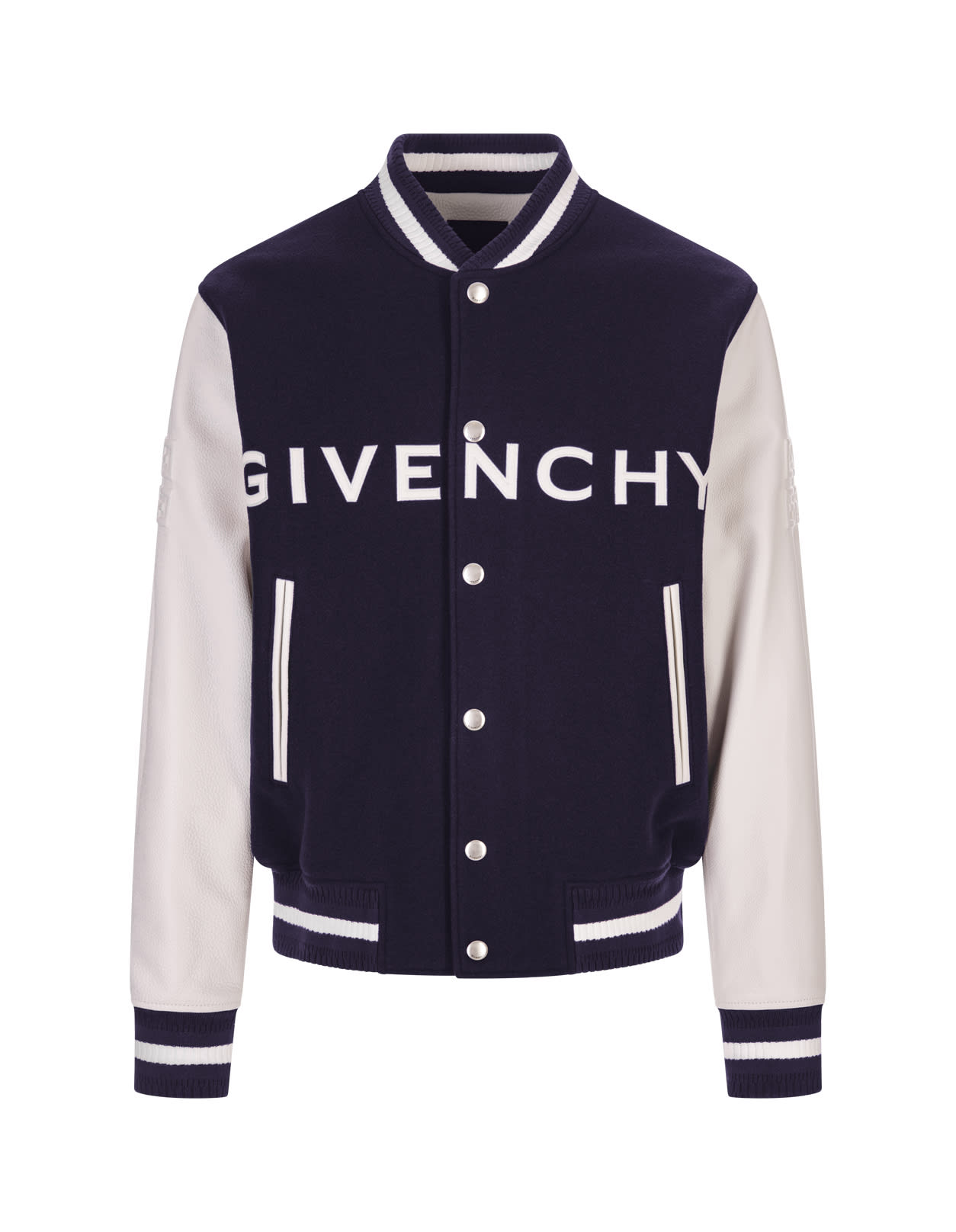 Shop Givenchy Navy Blue And White Bomber Jacket In Wool And Leather
