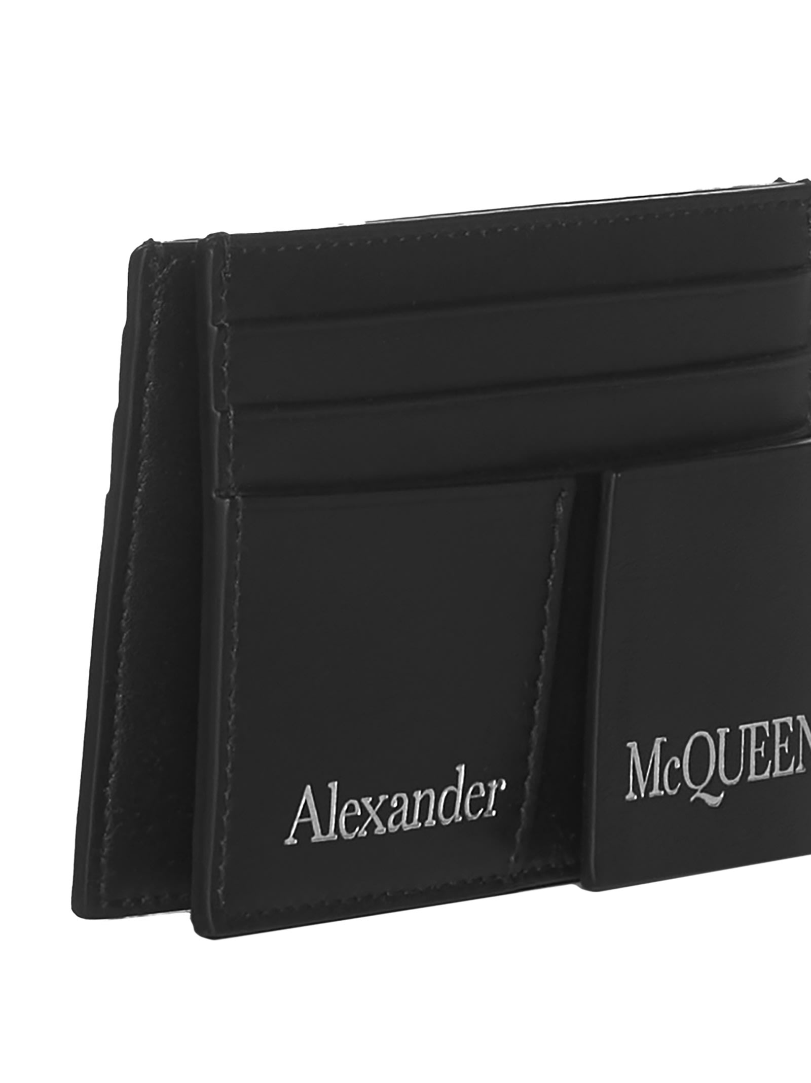 Alexander Mcqueen Double Card Holder In Black Leather With Logo In Nero