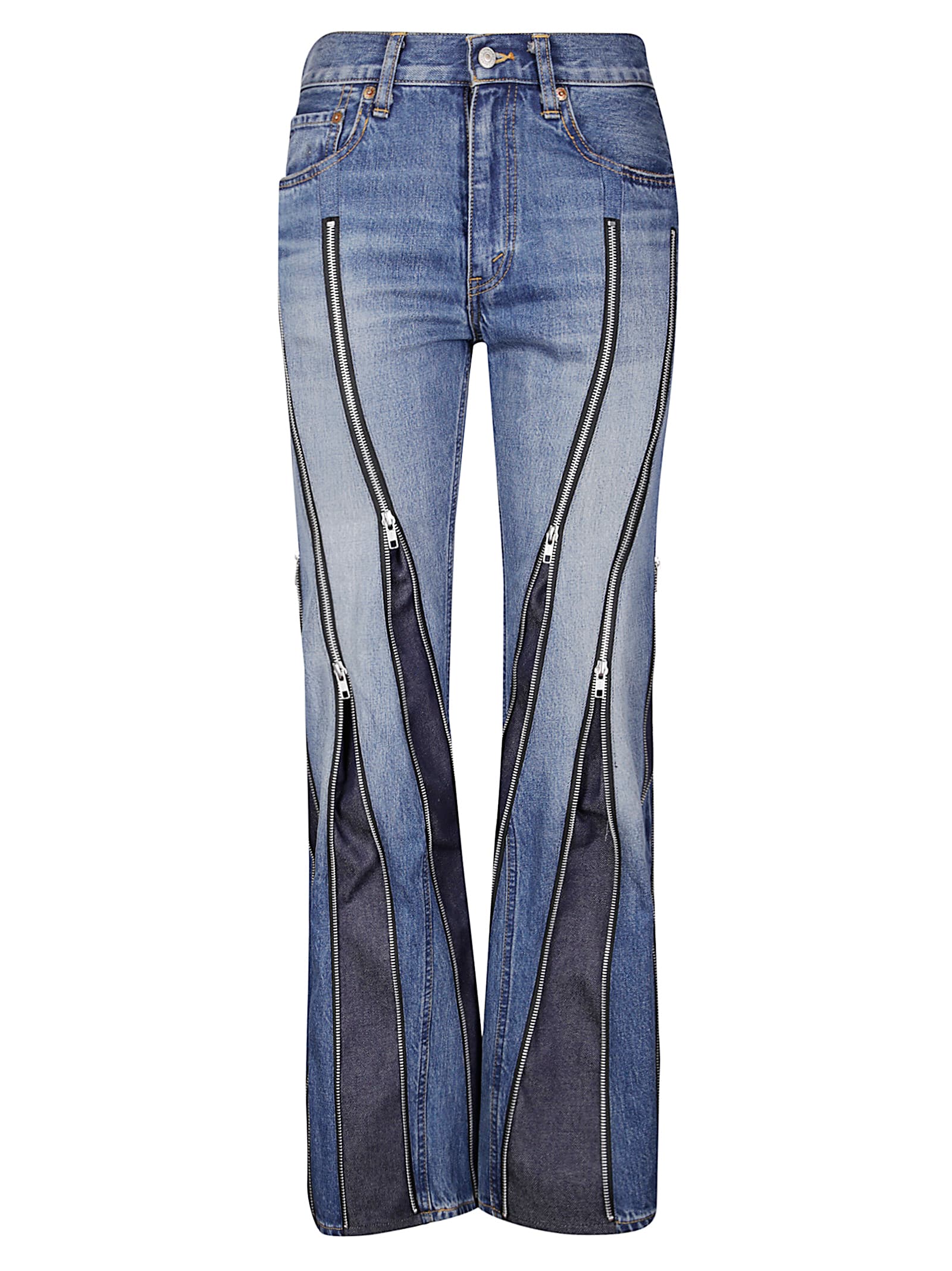 Junya Watanabe Flared Denim Trousers With Zipper Detail In Blue