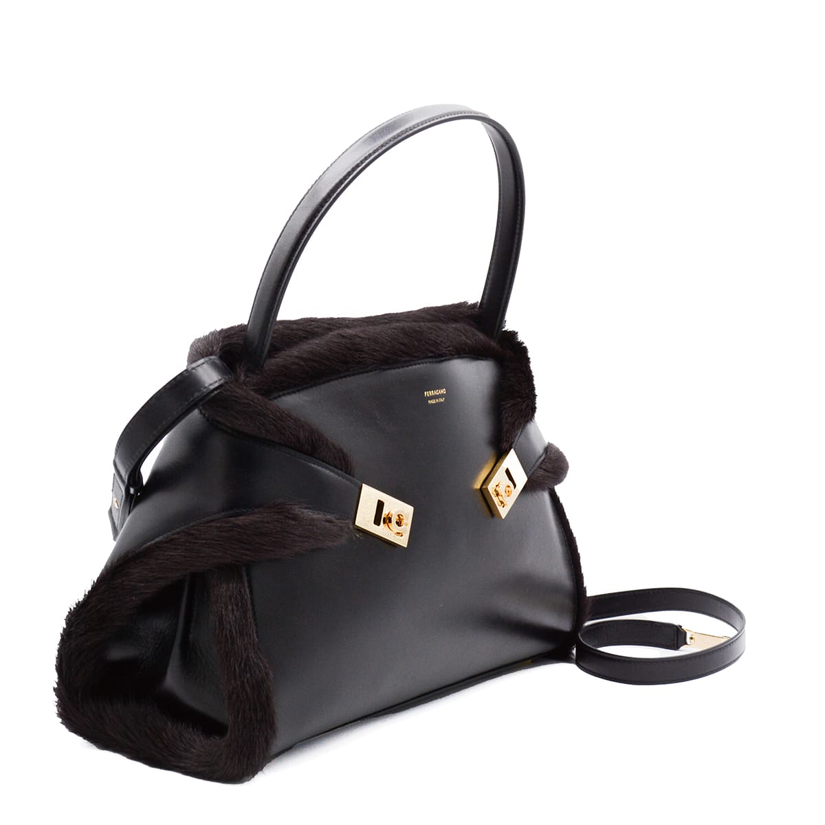 Ferragamo Hug Shearling-trimmed Leather Shoulder Bag In Black