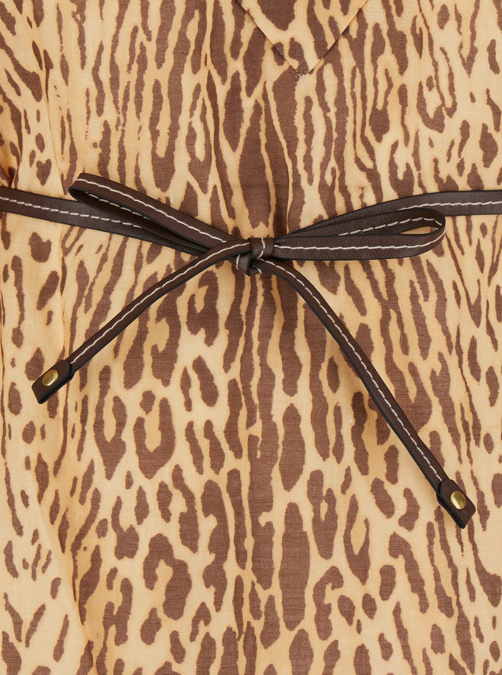 Zimmermann Cascadian Beige Tunic Dress With Stand-up Collar And All-over Leopard Print In Linen Woman In Brown