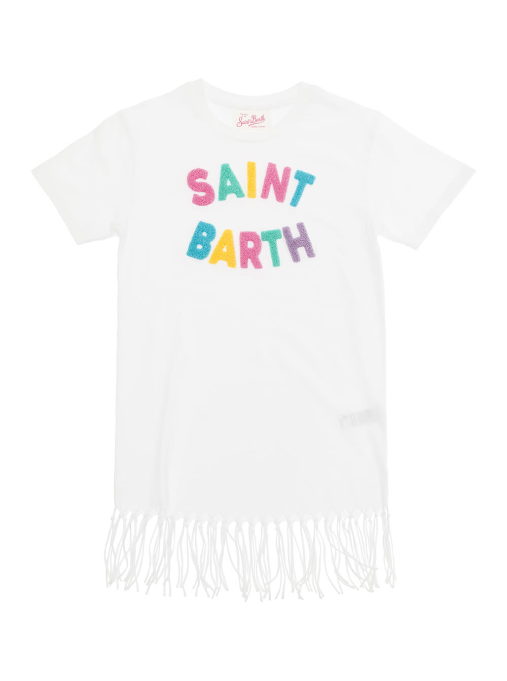 Mc2 Saint Barth Kids' Abbey White Dress With Fringes And Logo In Cotton Girl