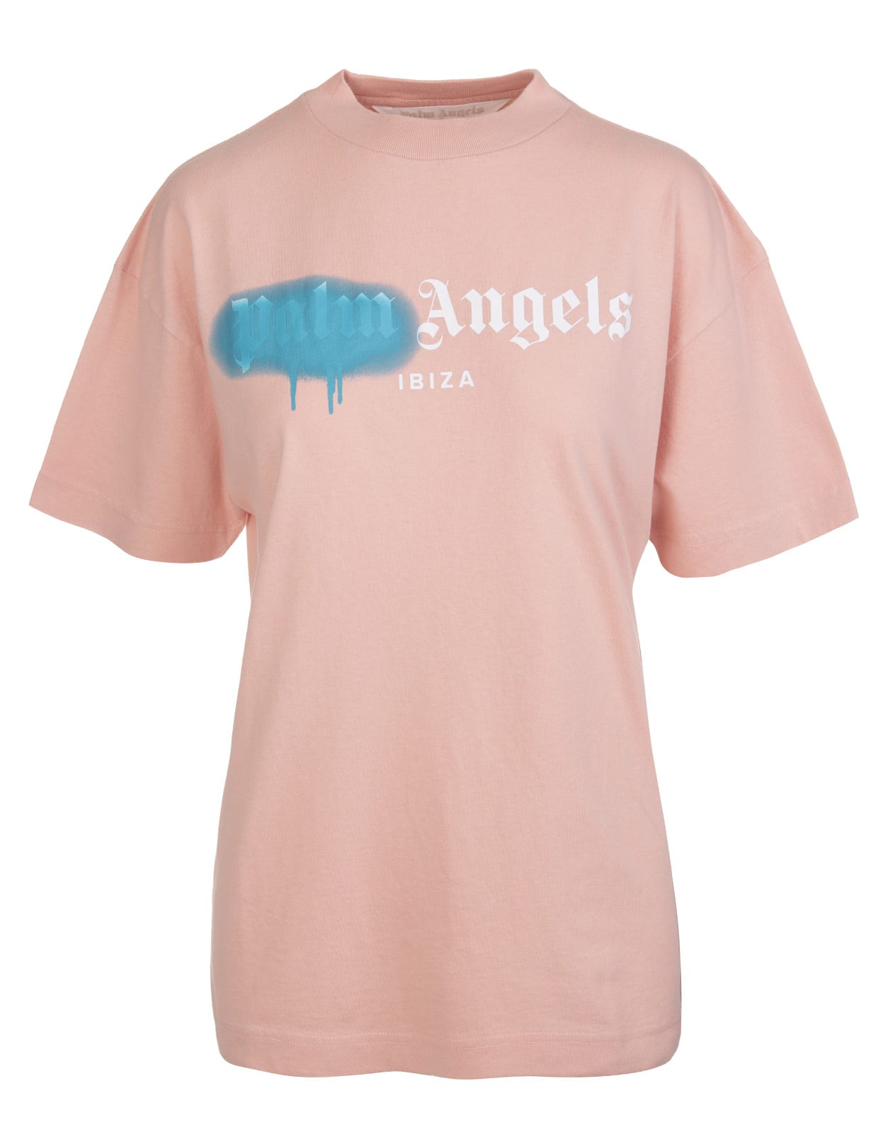 Palm Angels Woman Powder Pink And Light Blue Ibiza Logo Spray T-shirt