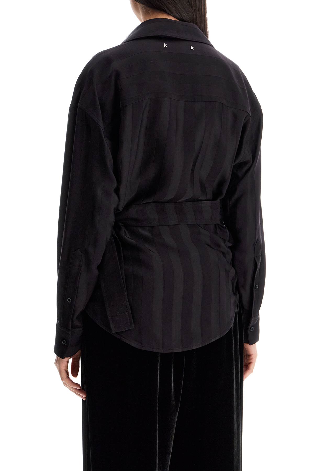 Golden Goose Striped Collared Wrap Top In Night Shade (black)