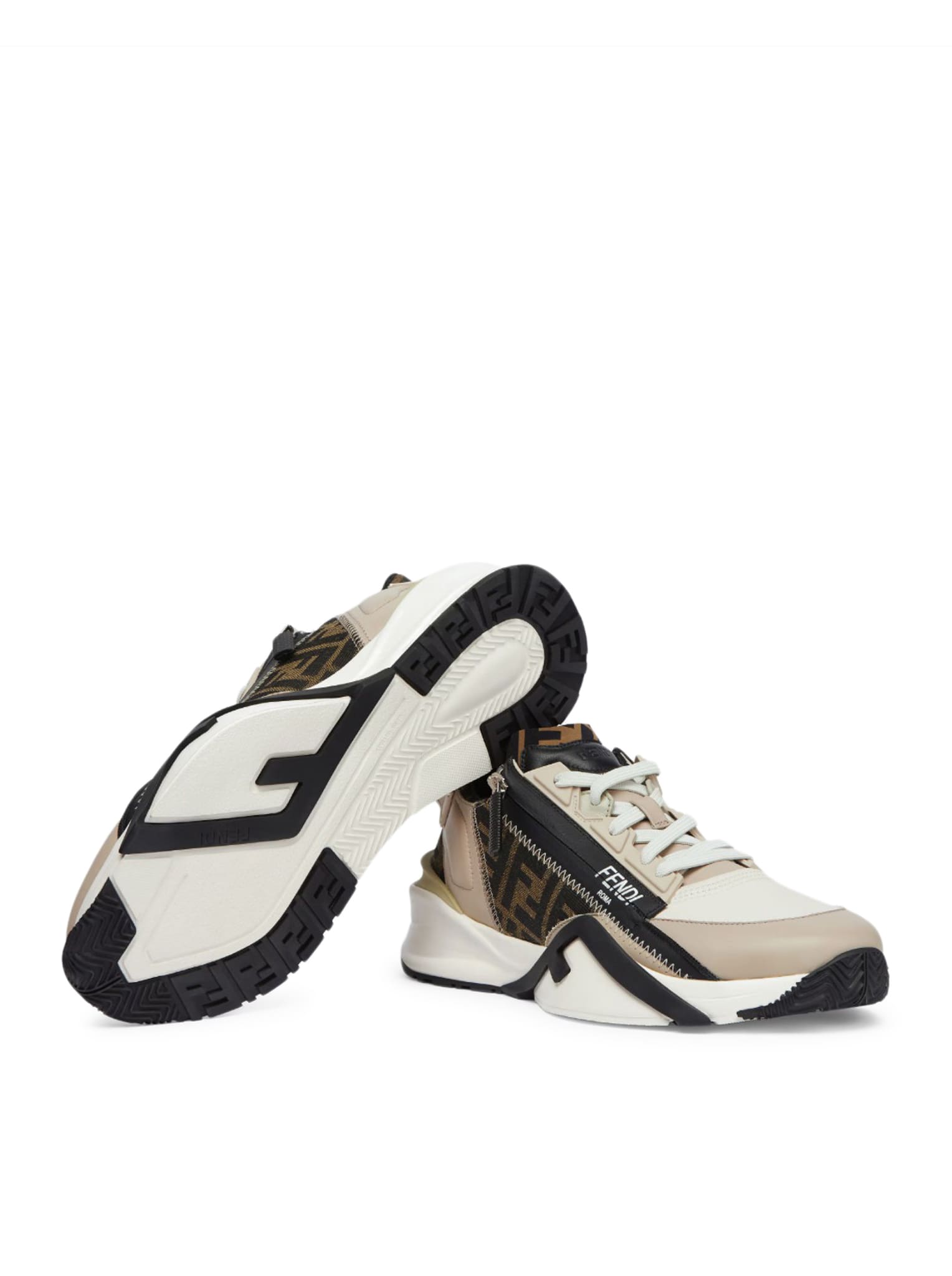 Fendi Beige Leather Sneakers With Ff Motif In Multi