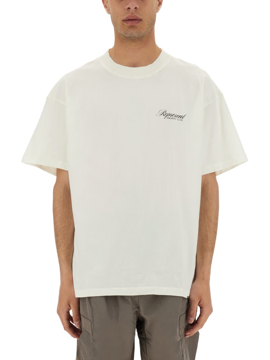 Represent White Crewneck T-shirt With With Front And Back Owners Club Print In Cotton Man In White