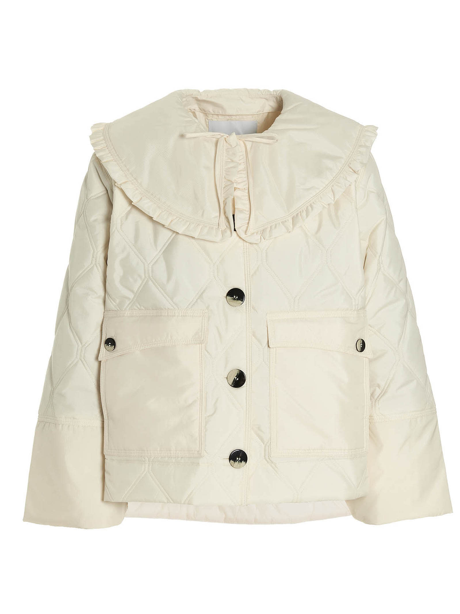 Ganni Ruffled-edge Quilted Recycled-ripstop Jacket In Bianco