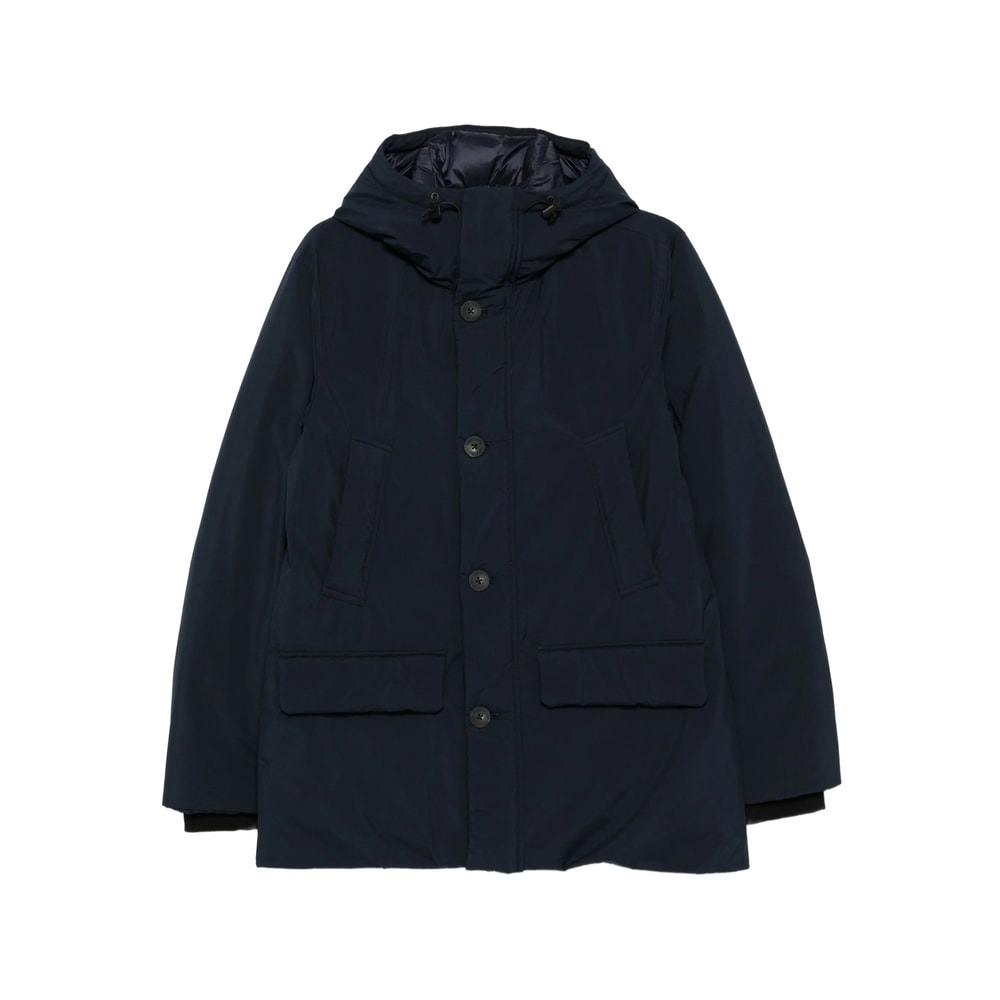 Woolrich Relaxed-fit Hooded Coat With Button Closure And Multiple Pockets In Blue