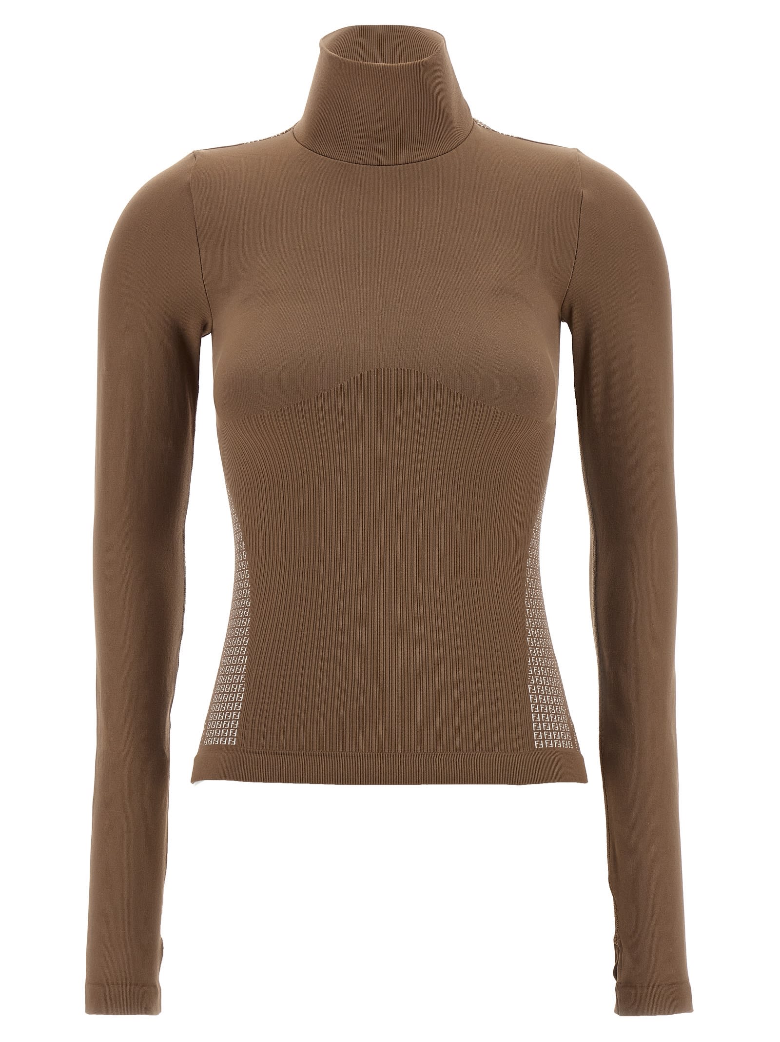 Fendi High Neck Long Sleeve Stretch Jersey In Neutral
