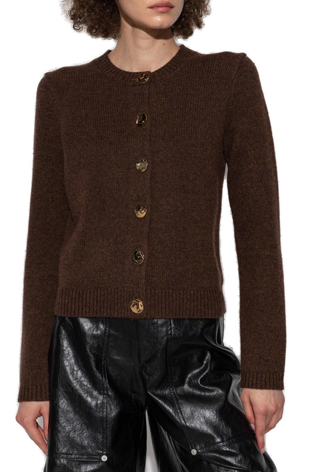 Shop Tory Burch Lgo Button Knitted Cardigan In Deep Brown